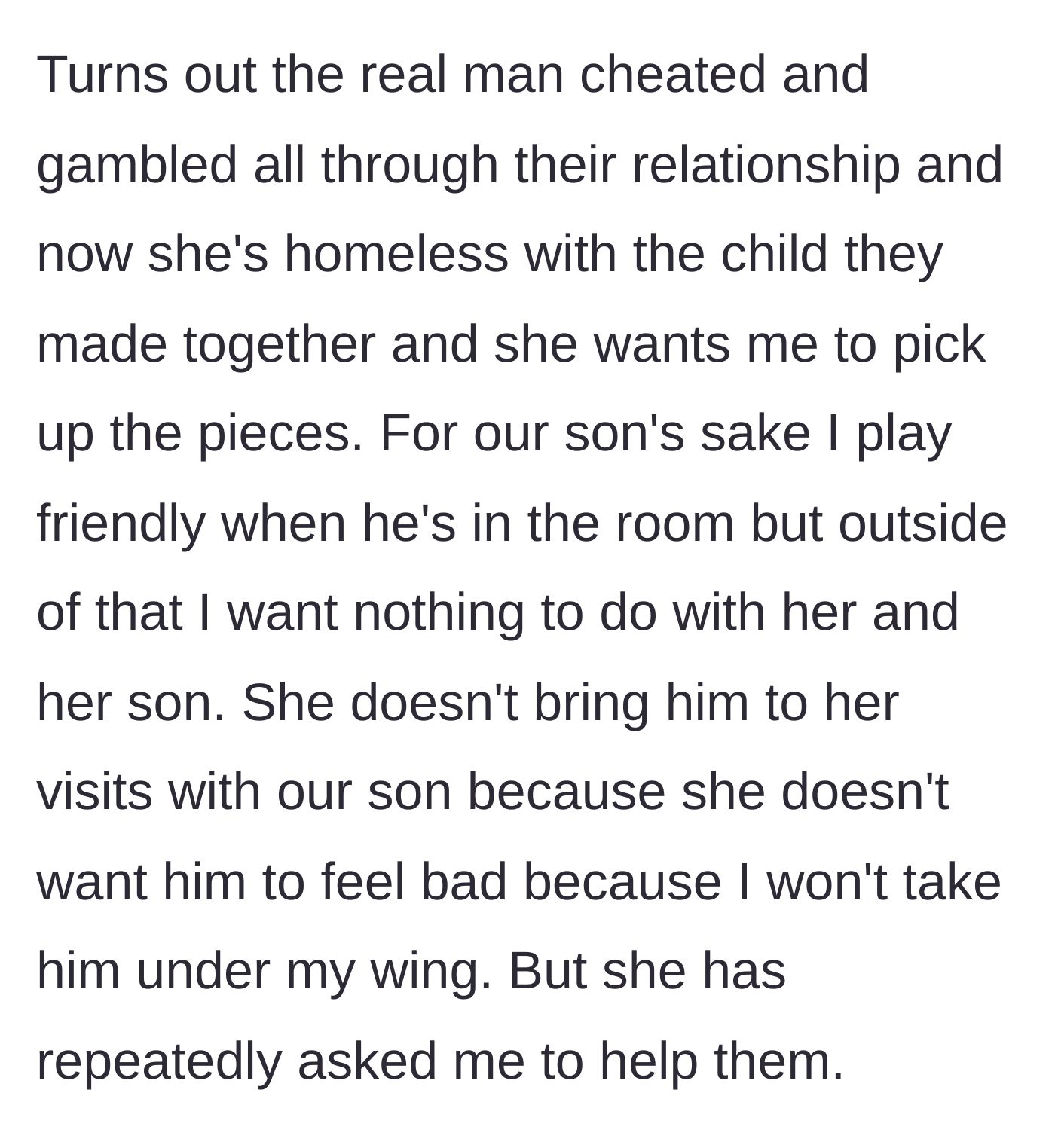 Story part 4 - The 'real man' gambled their money away and abandoned her, leaving her begging the author to fix her mistakes.