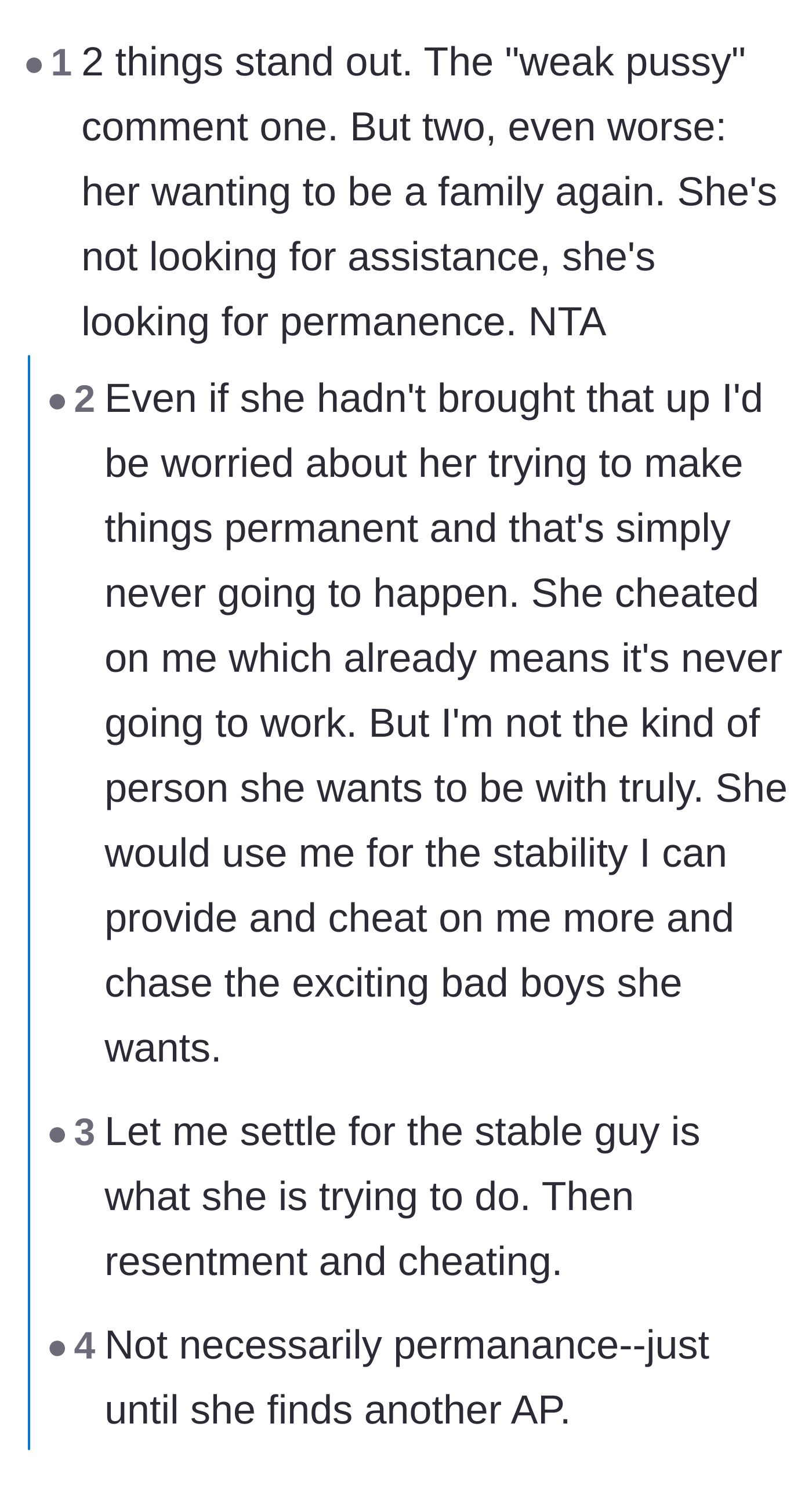 Comment thread 1 - Readers discussing the legal and emotional dangers of letting the ex move in, including eviction nightmares and repeated cheating.