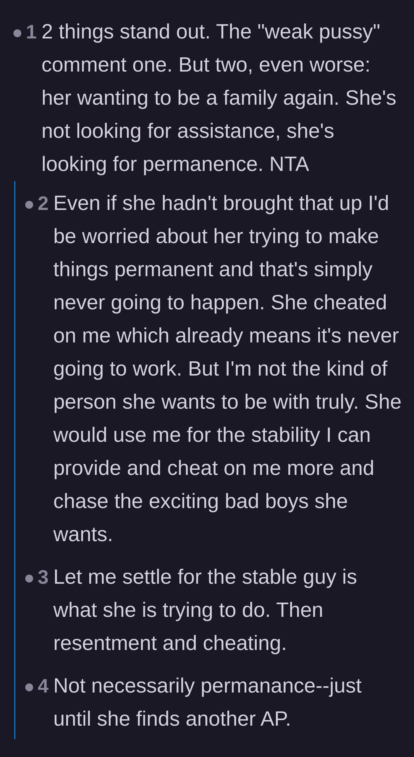 Comment thread 1 - Readers discussing the legal and emotional dangers of letting the ex move in, including eviction nightmares and repeated cheating.