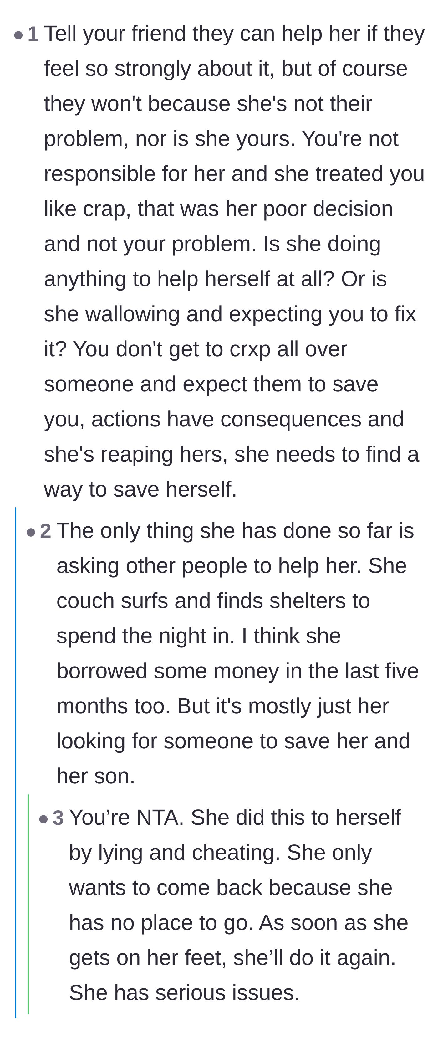 Comment thread 3 - Discussion about the ex's refusal to help herself, choosing instead to couch surf and wait for a savior.