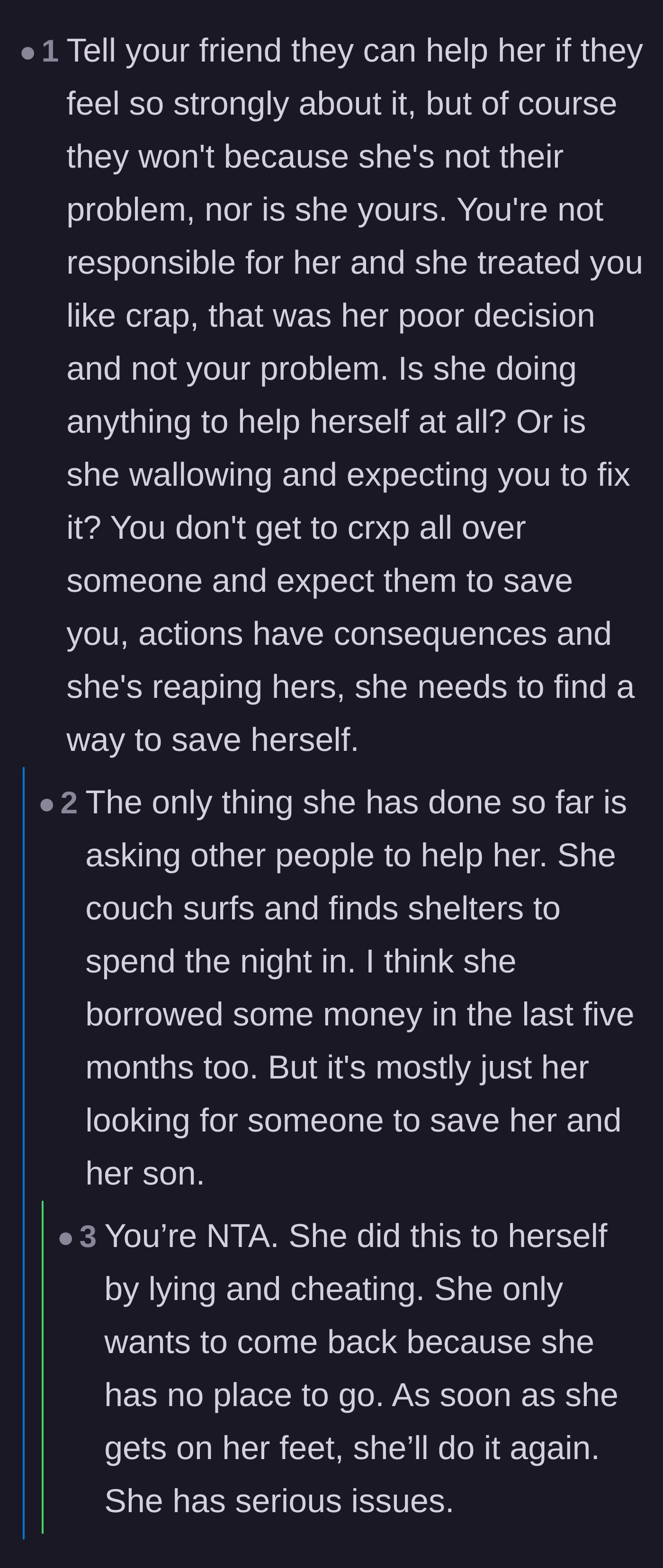 Comment thread 3 - Discussion about the ex's refusal to help herself, choosing instead to couch surf and wait for a savior.