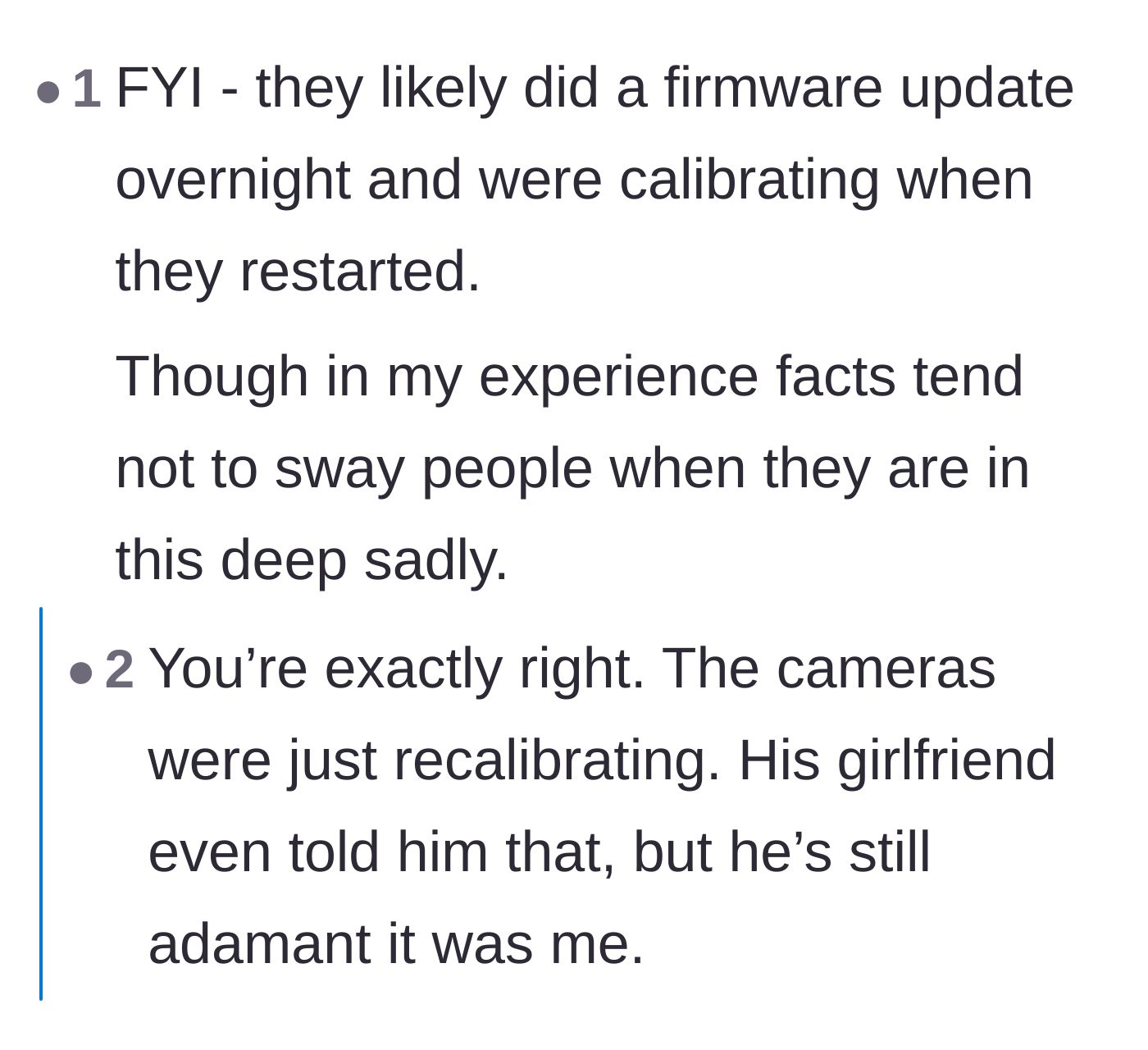 Comment thread 1 - Readers explaining the technical reality of camera recalibrations and the tragic futility of arguing with stubborn people.