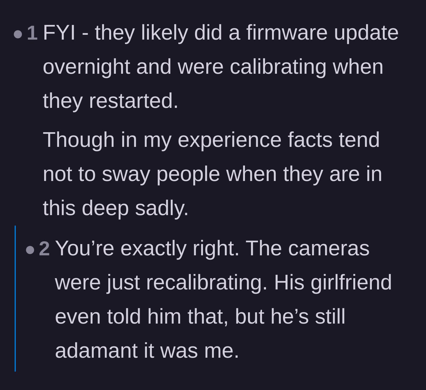 Comment thread 1 - Readers explaining the technical reality of camera recalibrations and the tragic futility of arguing with stubborn people.