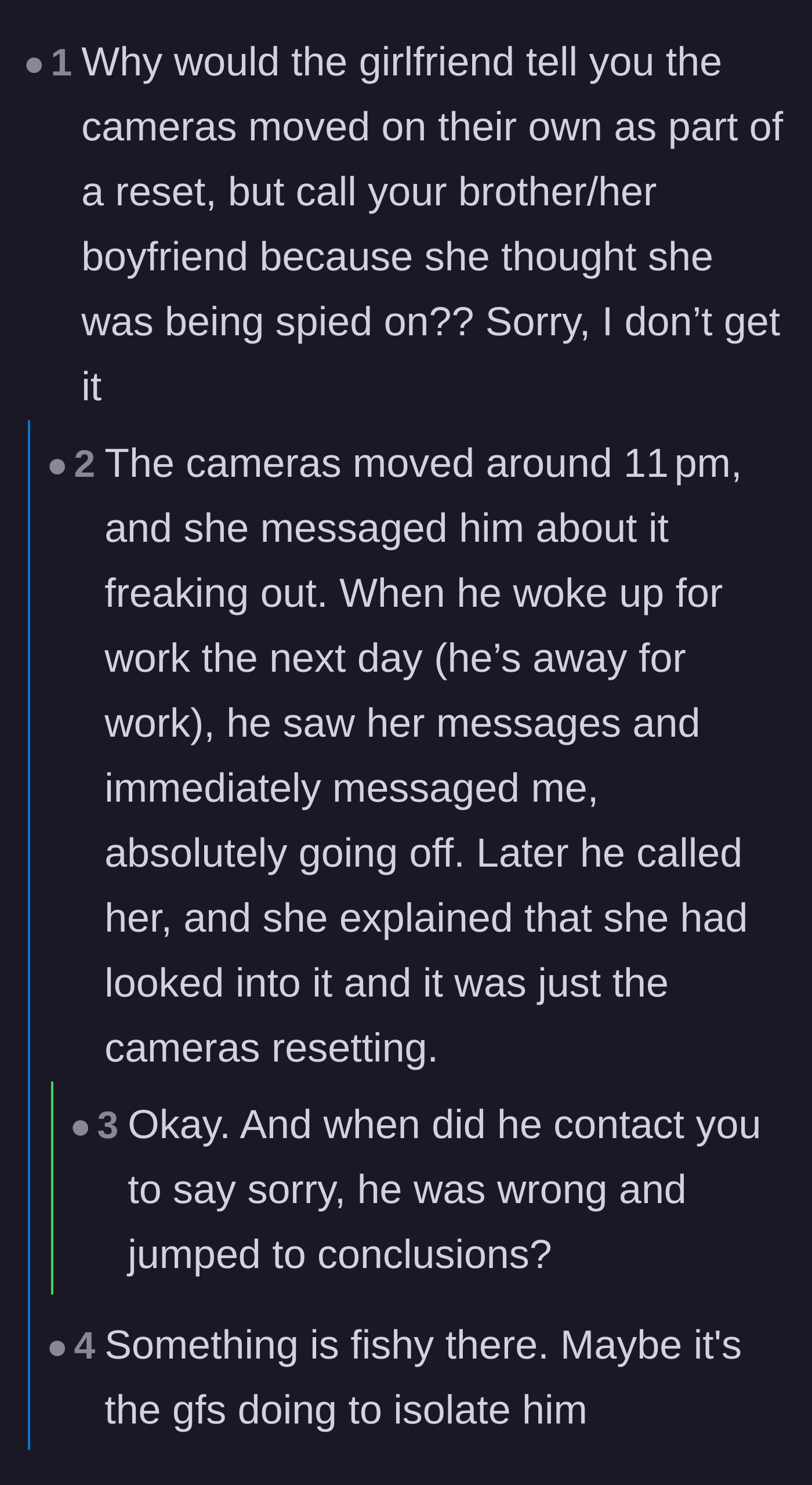 Comment thread 2 - A debate over the timeline of the girlfriend's reaction and the brother's absolute failure to apologize.