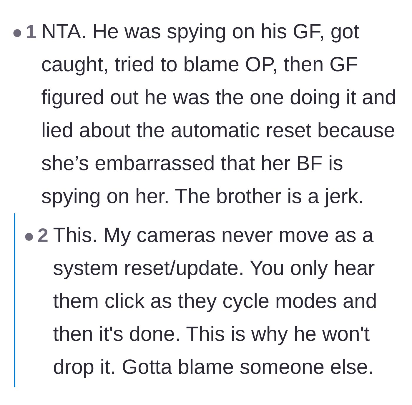 Comment thread 3 - A theory that the brother was actually the one spying on his girlfriend and used the sister as a scapegoat.