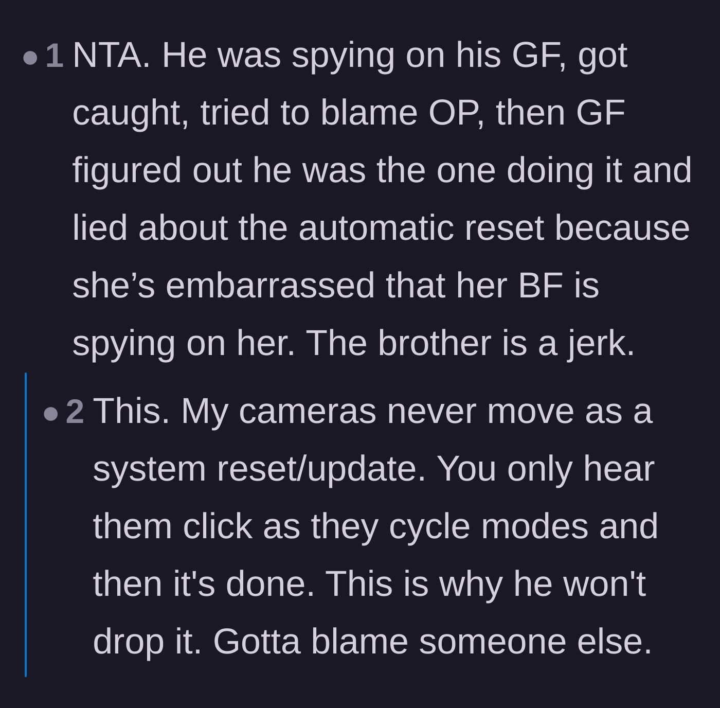 Comment thread 3 - A theory that the brother was actually the one spying on his girlfriend and used the sister as a scapegoat.