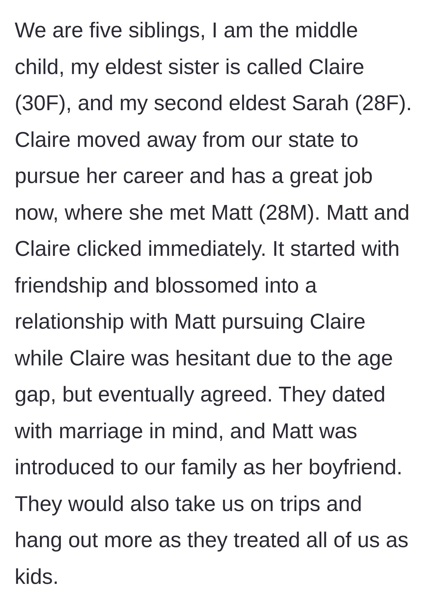Story part 2 - Introduction of the three sisters and Claire's new boyfriend Matt, who quickly becomes a beloved part of the family.