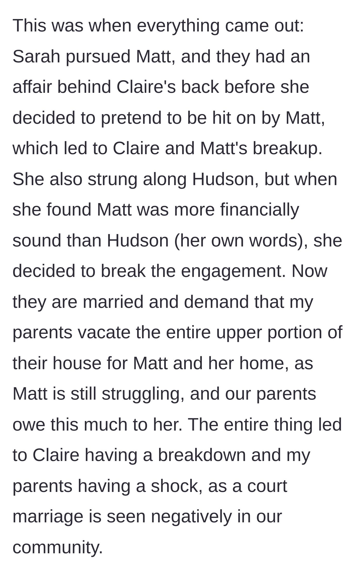 Story part 6 - The family discovers Sarah and Matt had a full-blown affair behind Claire's back, and are now demanding the parents' upstairs floor.