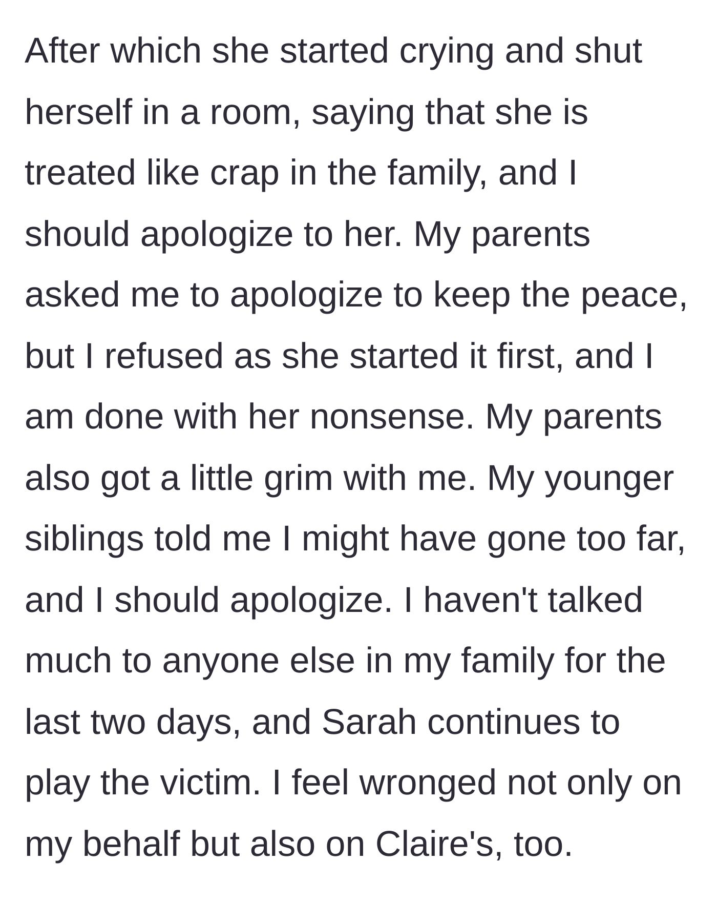 Story part 8 - Sarah plays the victim to get the family on her side. The parents demand the author apologize to keep the peace, but she holds her ground.