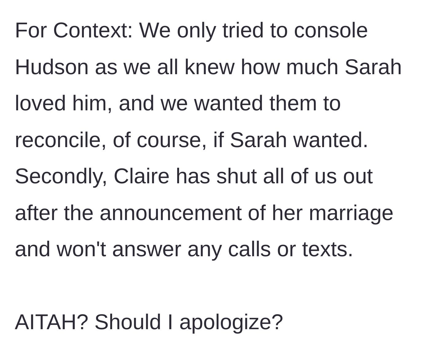 Story part 9 - The author adds context about comforting Hudson and reveals that Claire has tragically cut off all contact with the entire family.