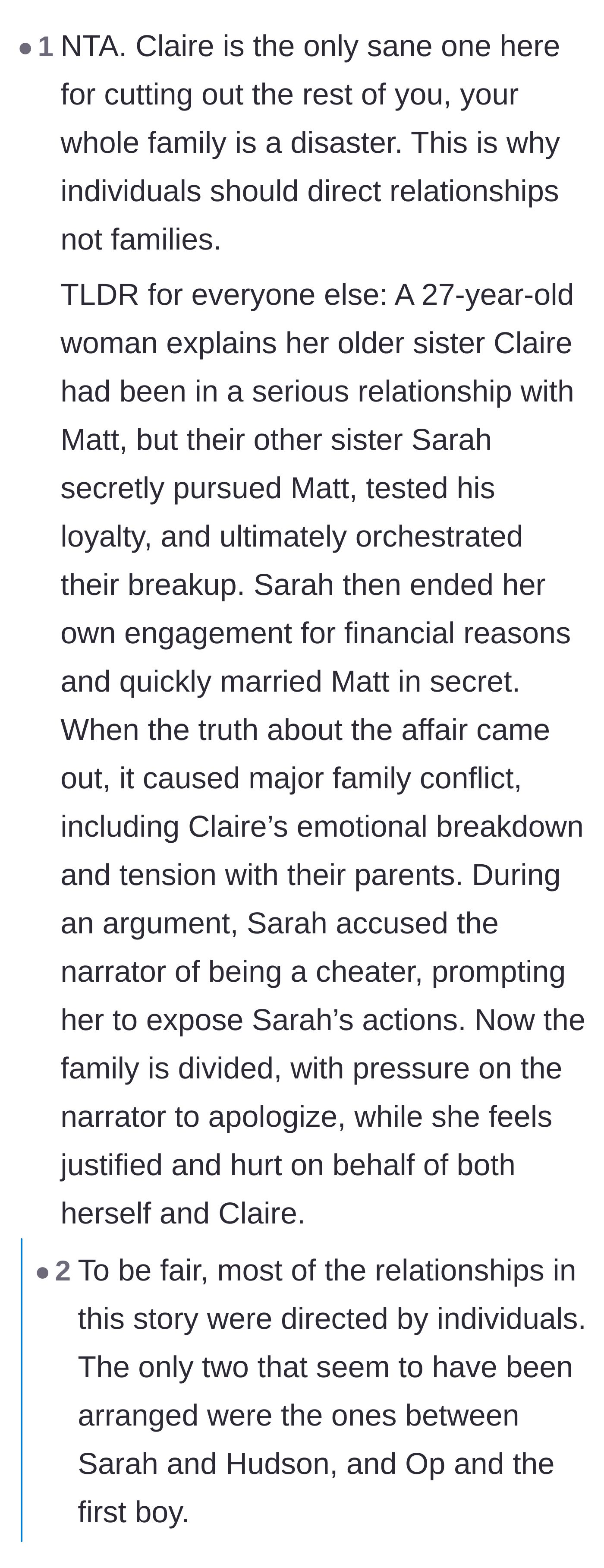Comment thread 1 - Readers debating Sarah's twisted financial logic and defending Claire's decision to cut the family off.