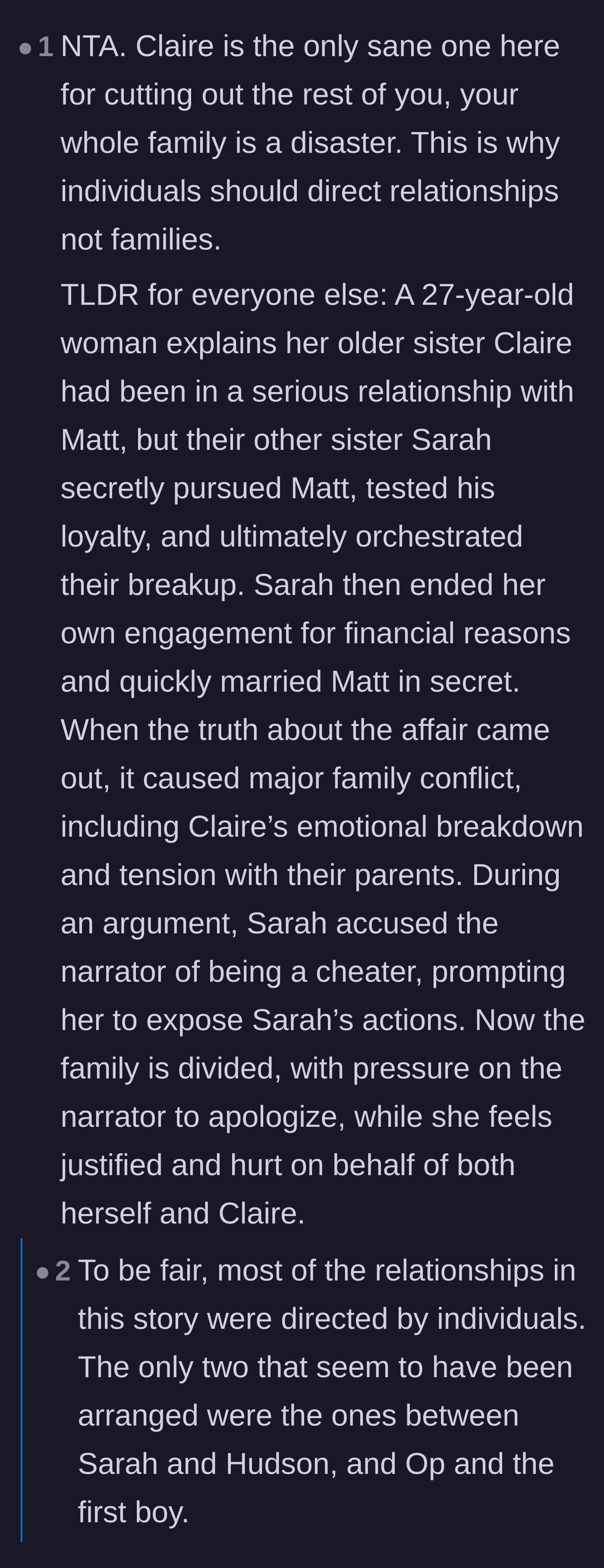 Comment thread 1 - Readers debating Sarah's twisted financial logic and defending Claire's decision to cut the family off.