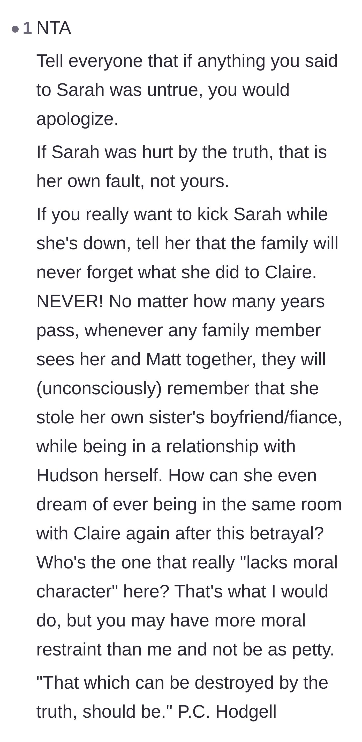 Comment thread 2 - A commenter advising the author to only apologize if she lied, reminding her that the betrayal is permanent.