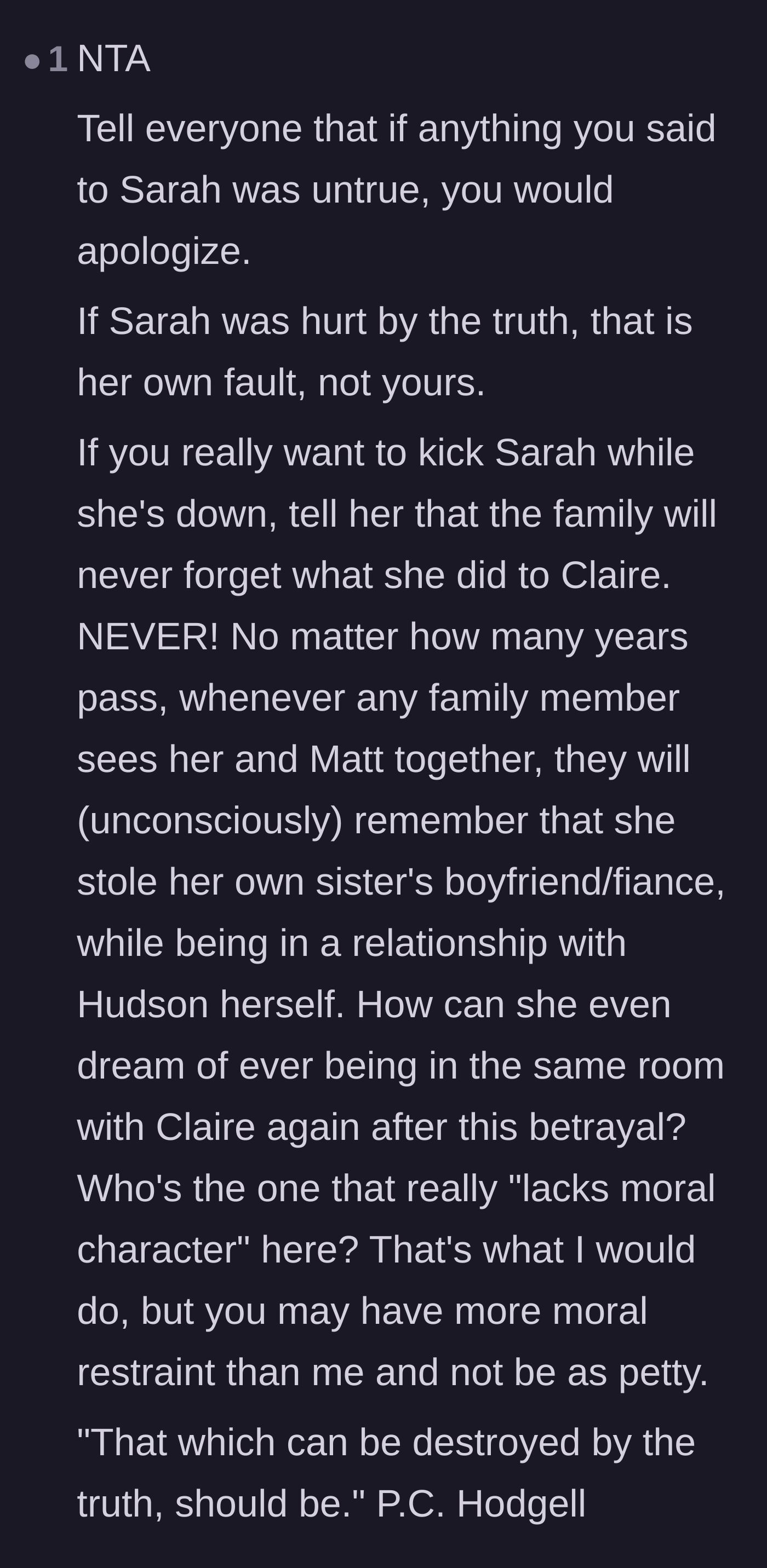 Comment thread 2 - A commenter advising the author to only apologize if she lied, reminding her that the betrayal is permanent.