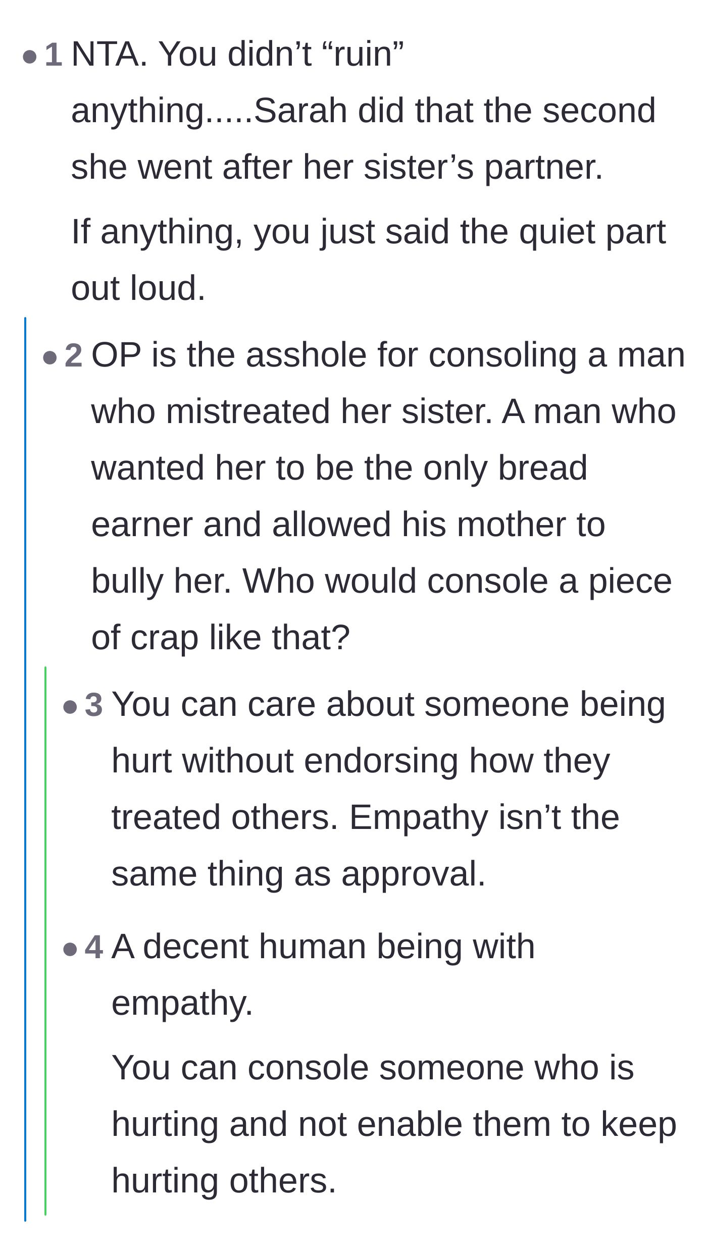 Comment thread 3 - A debate about whether the author was wrong to show empathy to Sarah's toxic ex-fiancé.