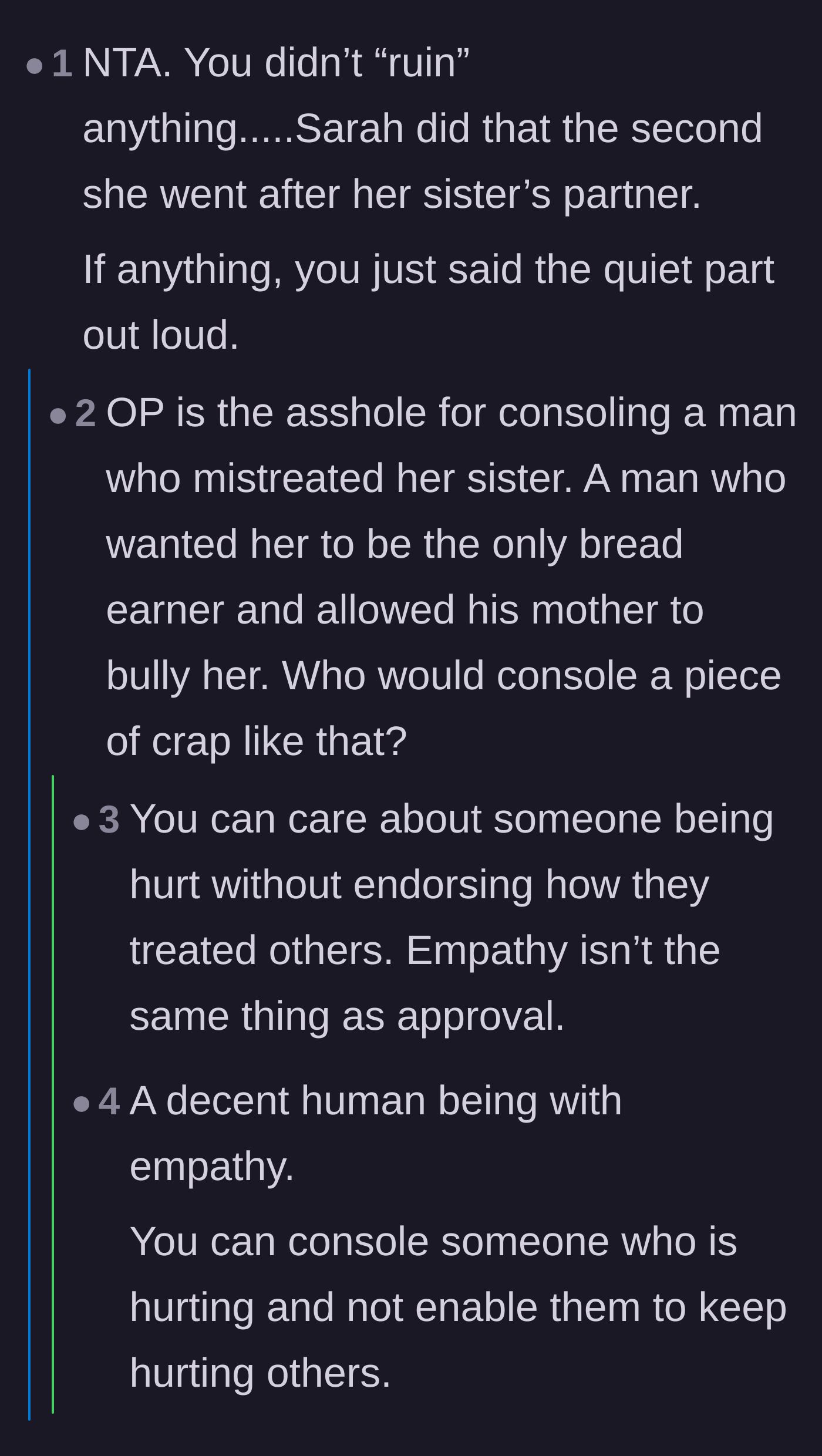 Comment thread 3 - A debate about whether the author was wrong to show empathy to Sarah's toxic ex-fiancé.