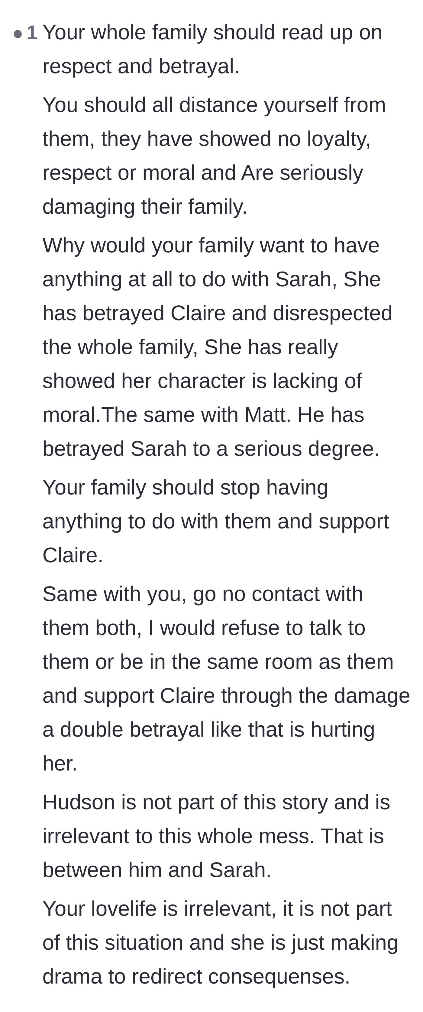 Comment thread 4 - A call to action for the entire family to go no-contact with Sarah and Matt to support Claire.