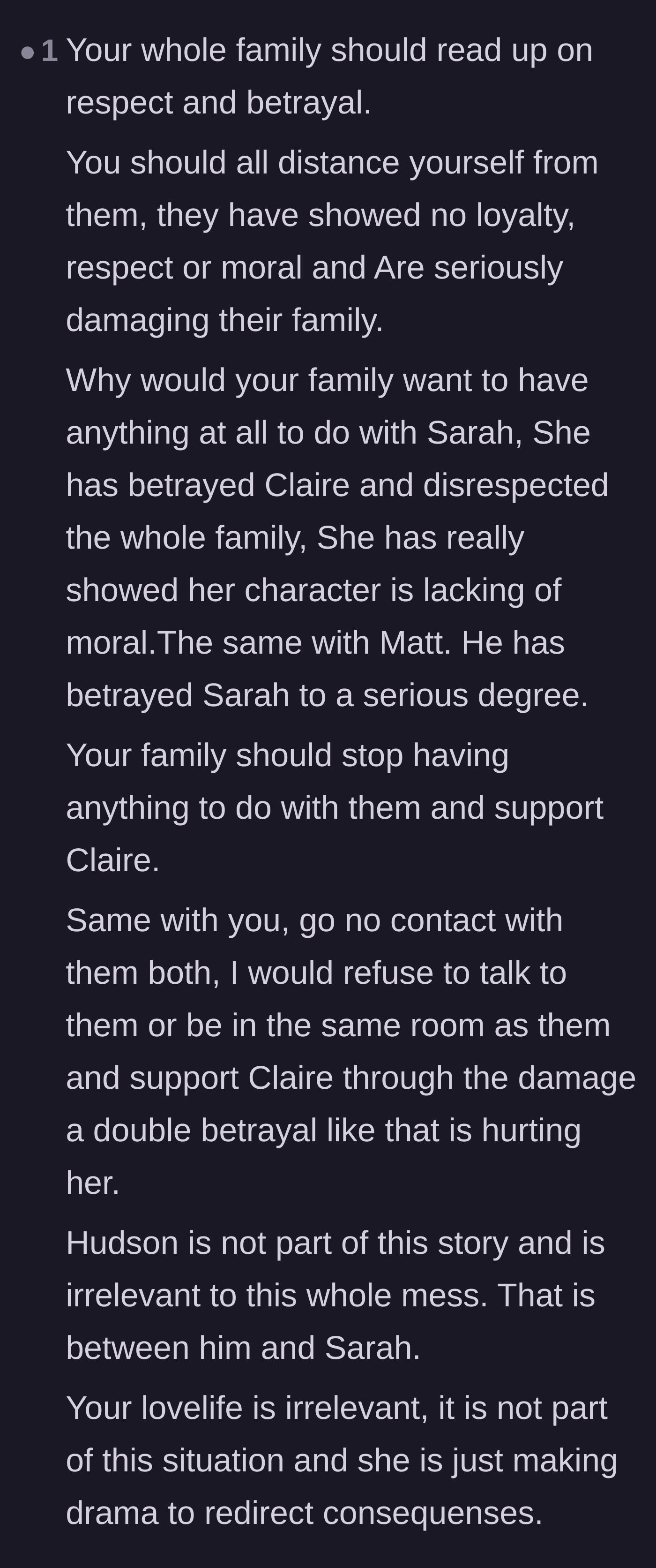Comment thread 4 - A call to action for the entire family to go no-contact with Sarah and Matt to support Claire.