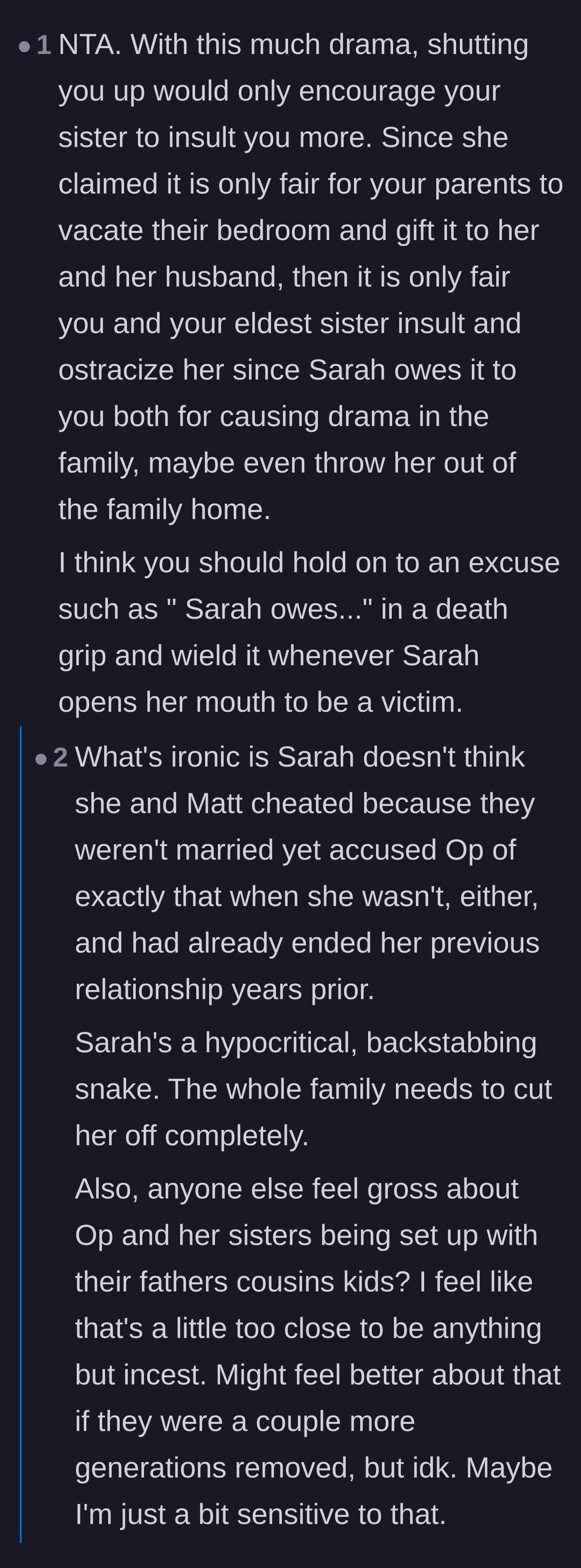 Comment thread 5 - A reader suggesting the family use Sarah's own logic of what she is 'owed' to ostracize her.