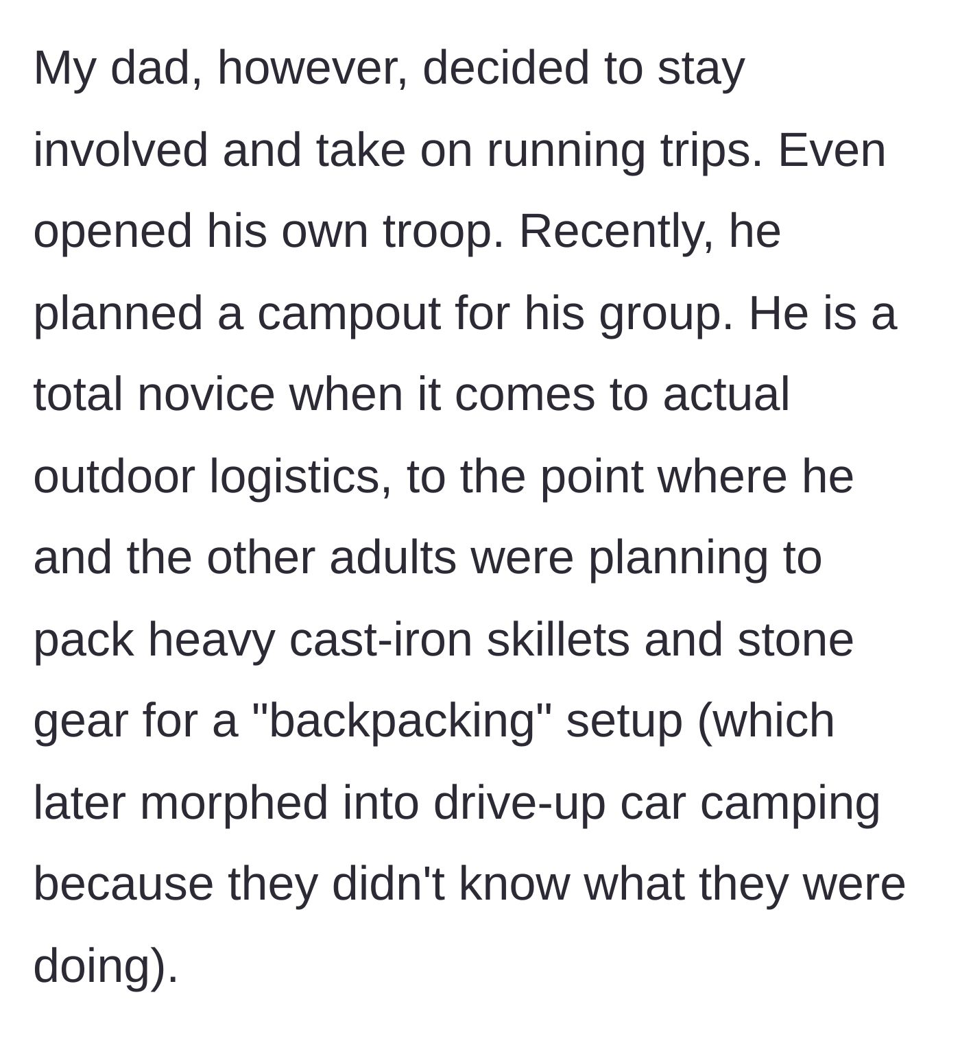 Story part 2 - A clueless dad trying to cram heavy cast-iron skillets and heavy stone gear into a tiny, lightweight backpacking bag.