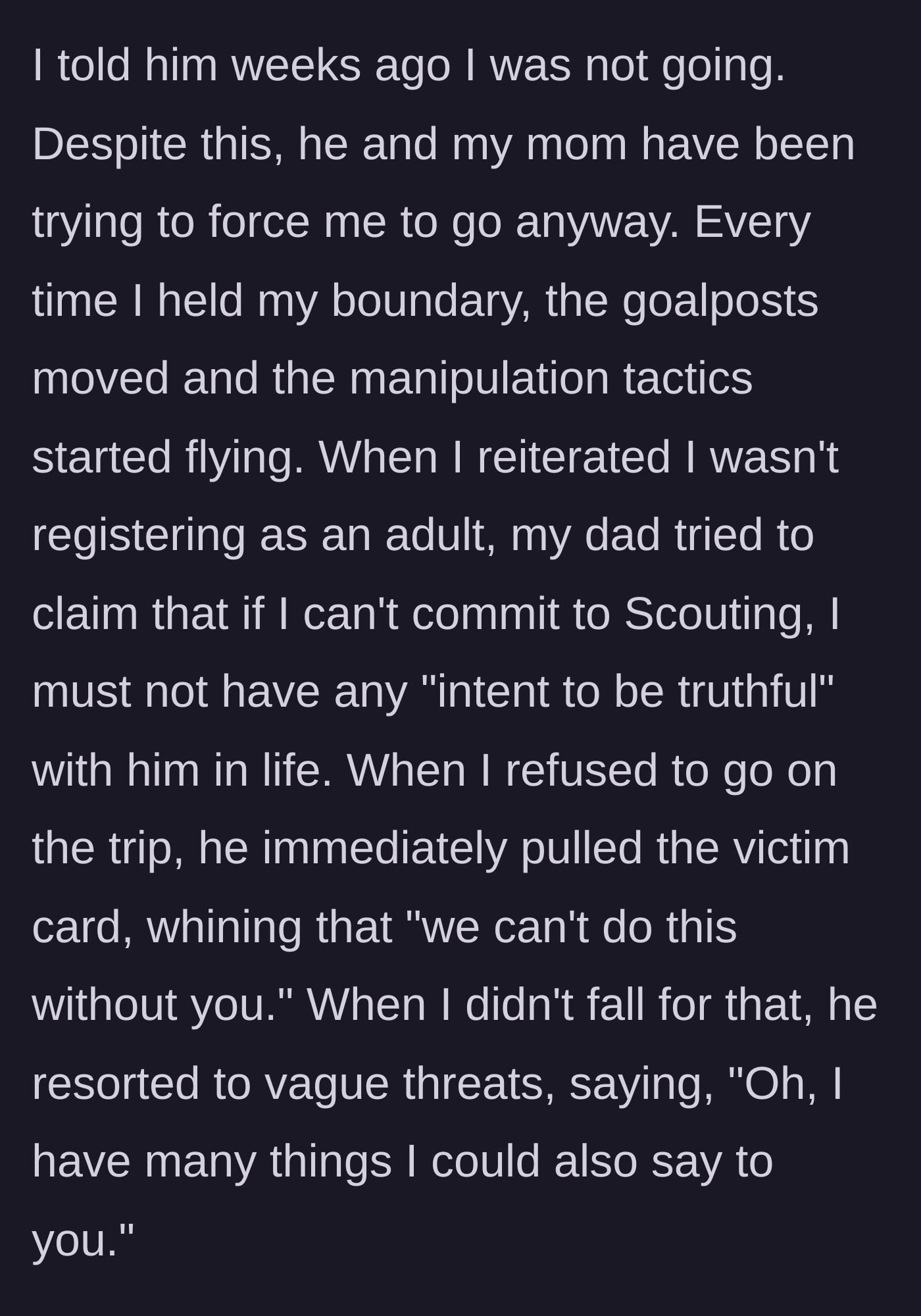 Story part 3 - A father throwing a tantrum and pointing fingers while his cool, calm son absolutely refuses to take the bait.