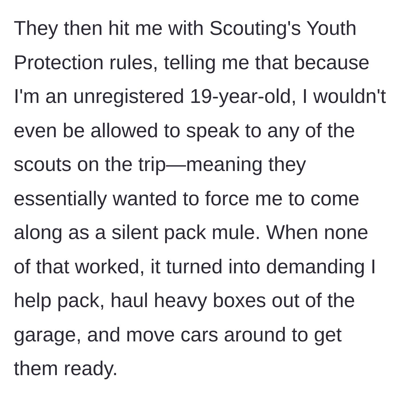 Story part 4 - A 19-year-old boy carrying heavy boxes while forced to be completely silent around younger scouts.