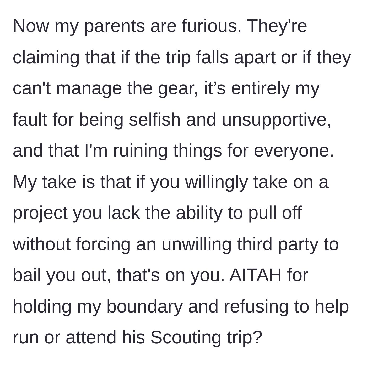 Story part 6 - Furious, overwhelmed parents blaming their son as their camping gear and trip plans completely fall apart around them.
