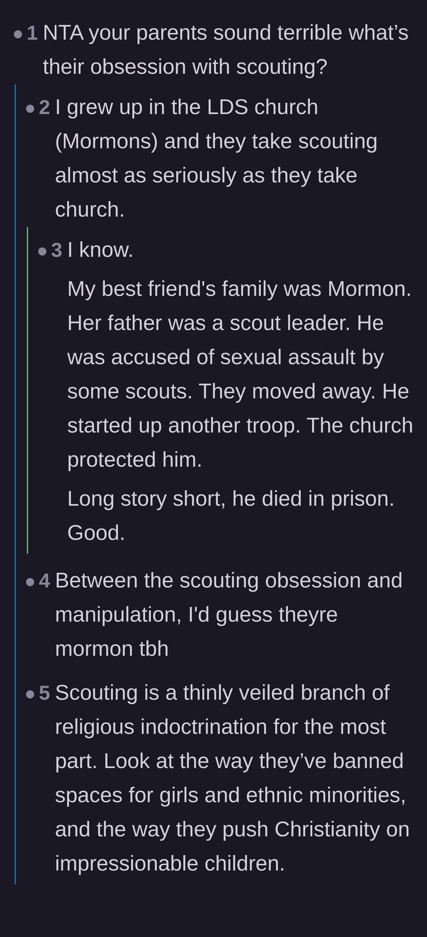 Comment thread 1 - A deep dive into the intense culture of American Scouting, its religious ties, and the dark history of the organization.
