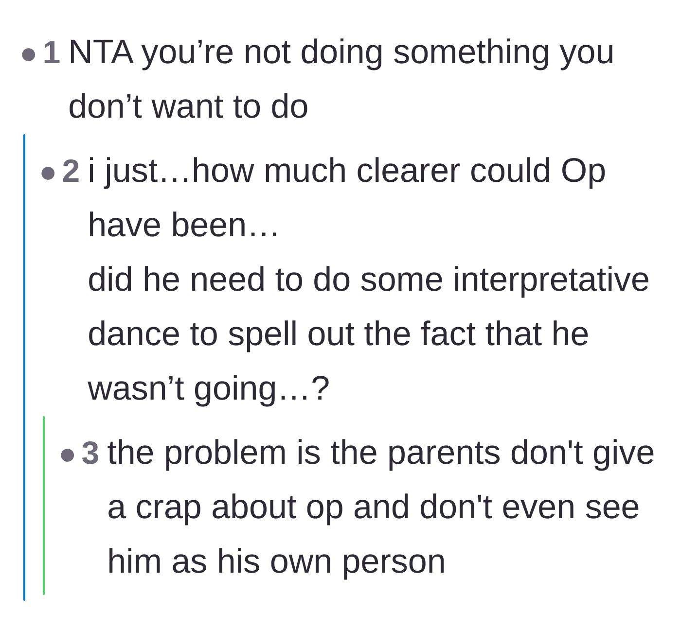 Comment thread 2 - Commenters joking about whether the son needed to perform an interpretive dance to make his parents finally understand his boundaries.