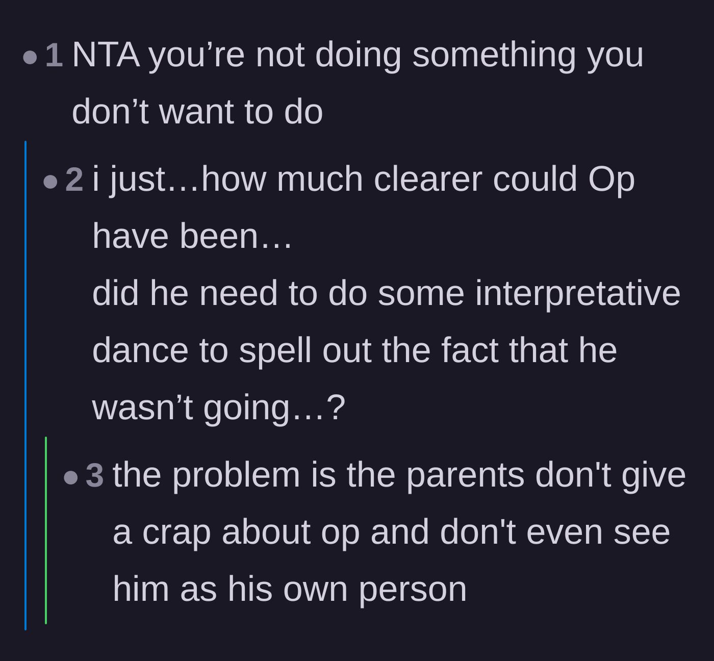 Comment thread 2 - Commenters joking about whether the son needed to perform an interpretive dance to make his parents finally understand his boundaries.