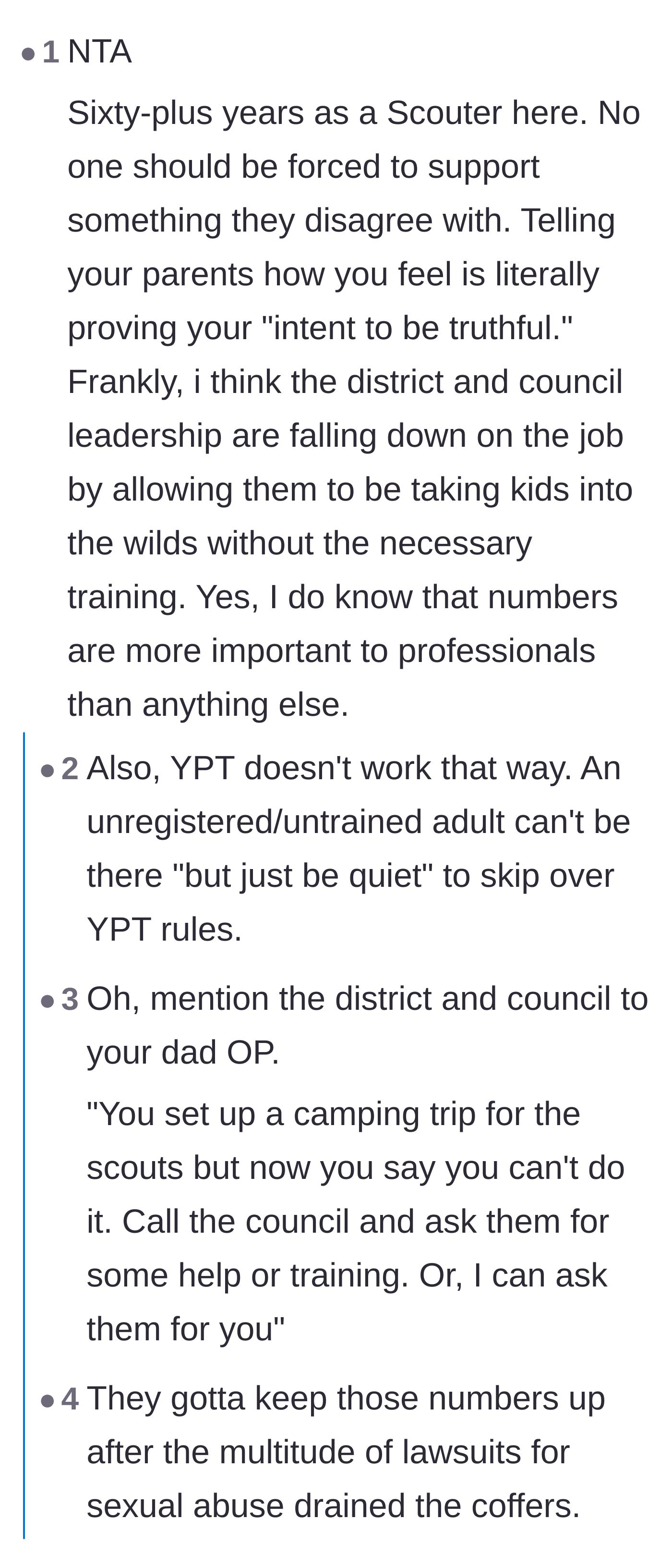 Comment thread 3 - A sixty-year Scouting veteran advising the son to report his father to the district council for extreme negligence.