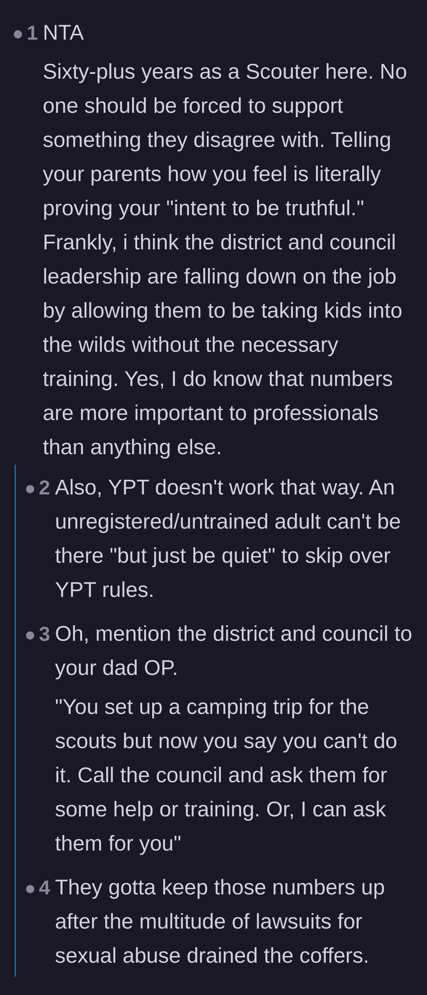 Comment thread 3 - A sixty-year Scouting veteran advising the son to report his father to the district council for extreme negligence.