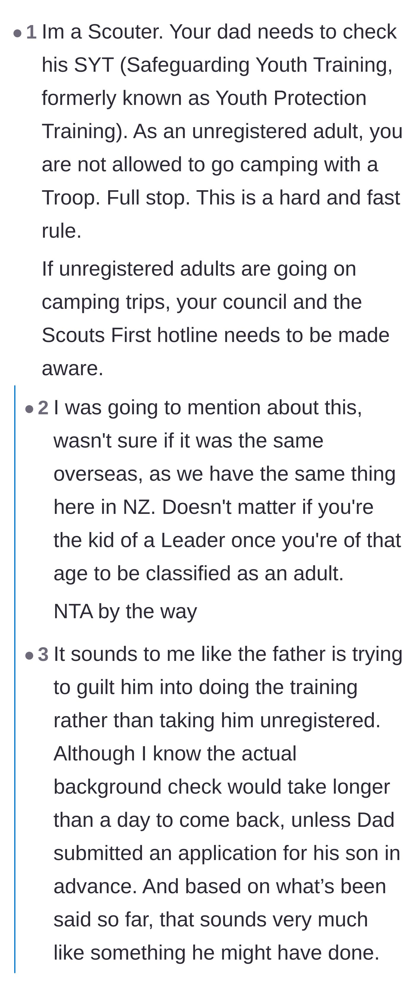 Comment thread 4 - Outraged Scout leaders explaining strict youth protection rules that explicitly forbid unregistered adults from attending camping trips.