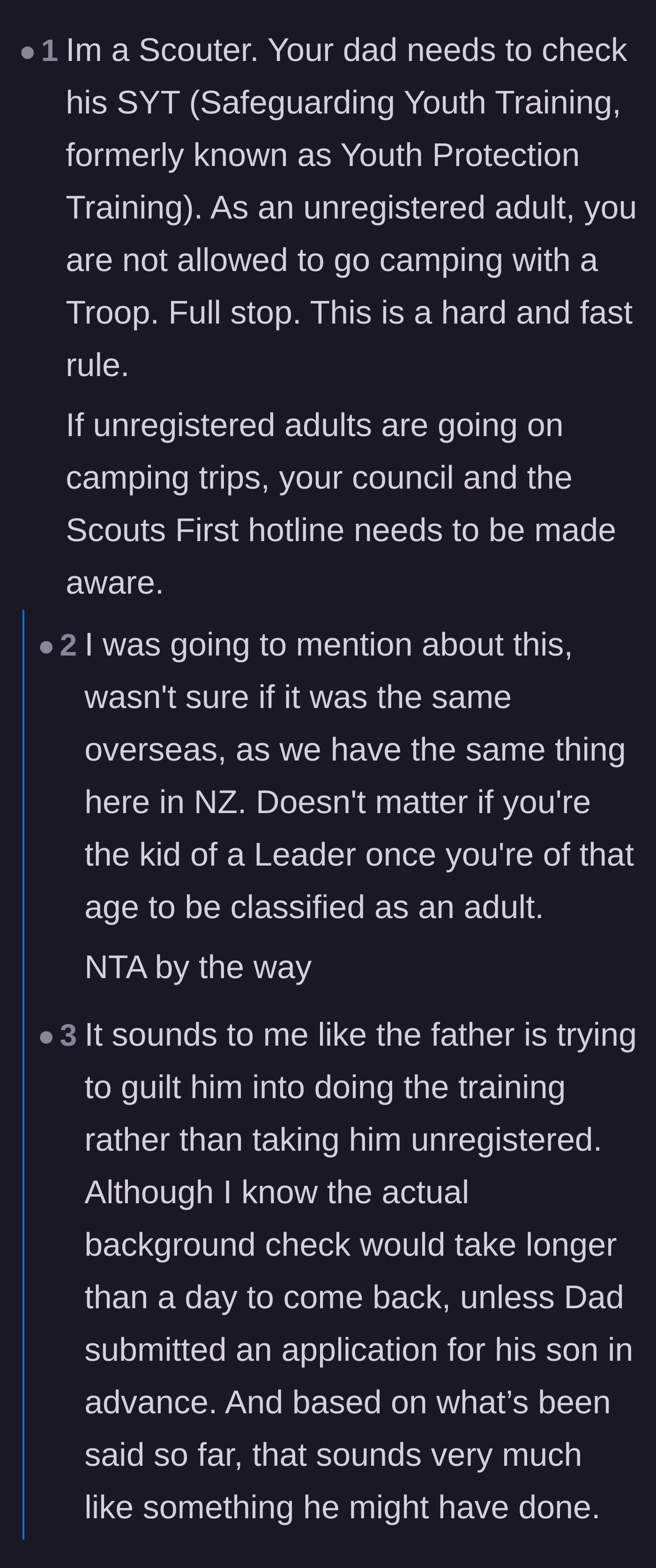 Comment thread 4 - Outraged Scout leaders explaining strict youth protection rules that explicitly forbid unregistered adults from attending camping trips.