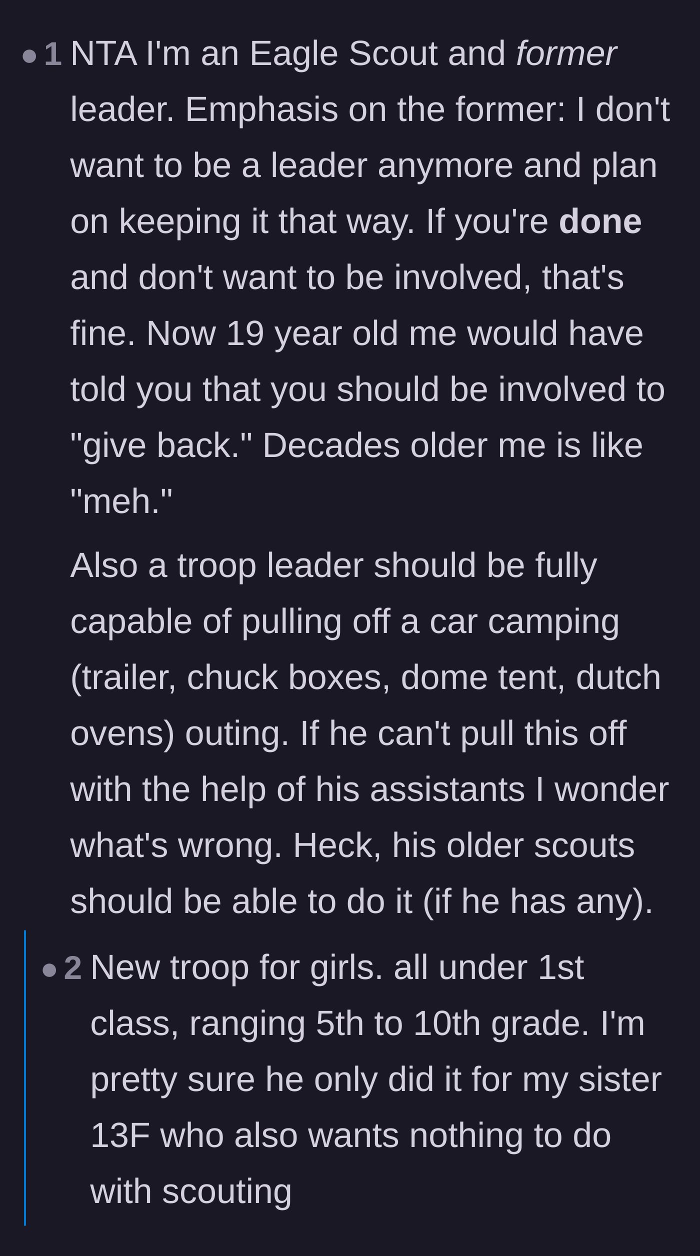Comment thread 5 - The shocking plot twist reveal that the dad started this troop for his 13-year-old sister, leading to a doomed trip with clueless moms.