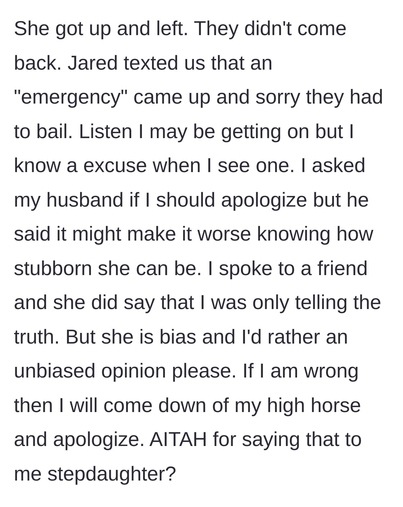 Story part 5 - The stepdaughter and her boyfriend abruptly leave the dinner, leaving the stepmother questioning if she should apologize.