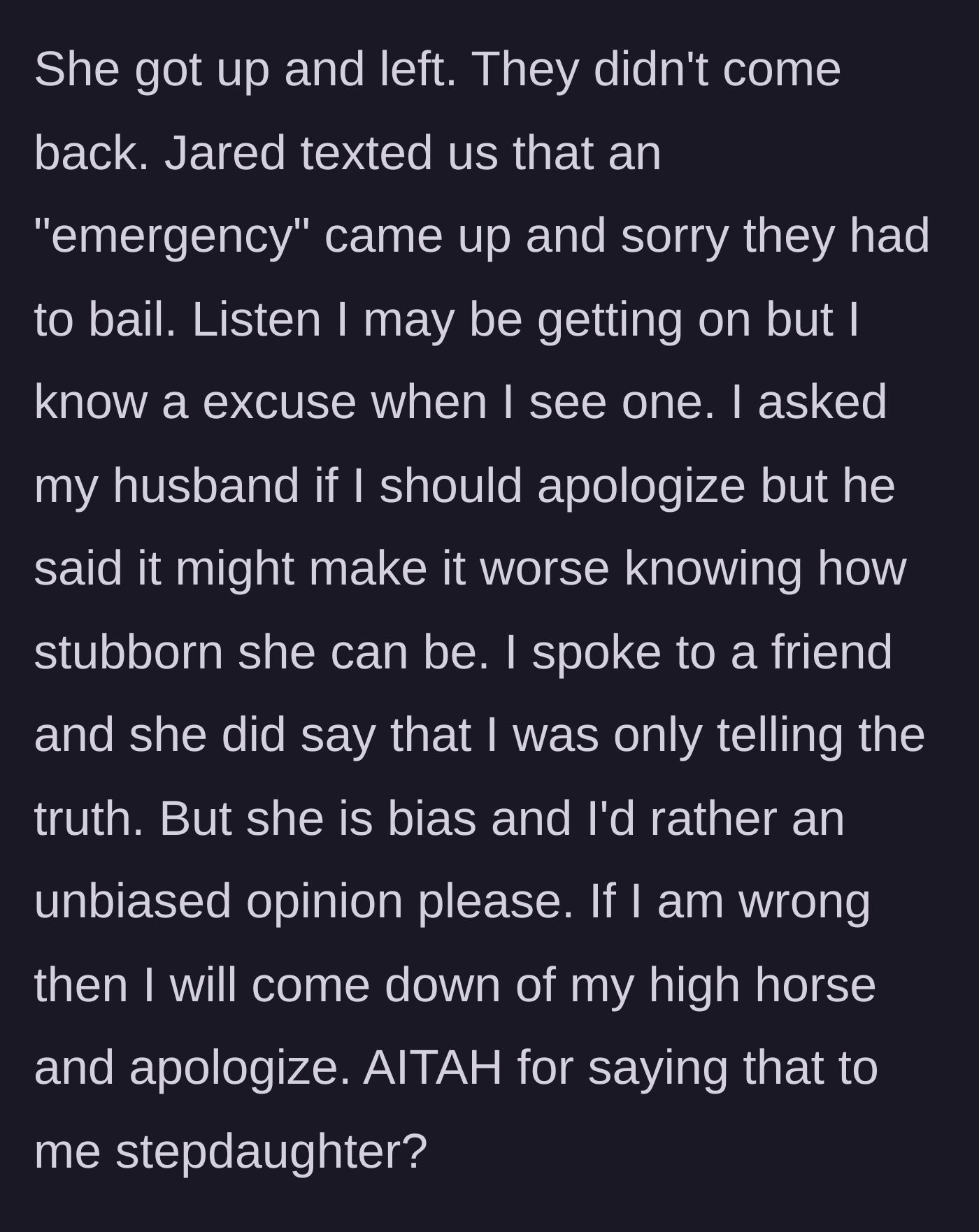 Story part 5 - The stepdaughter and her boyfriend abruptly leave the dinner, leaving the stepmother questioning if she should apologize.