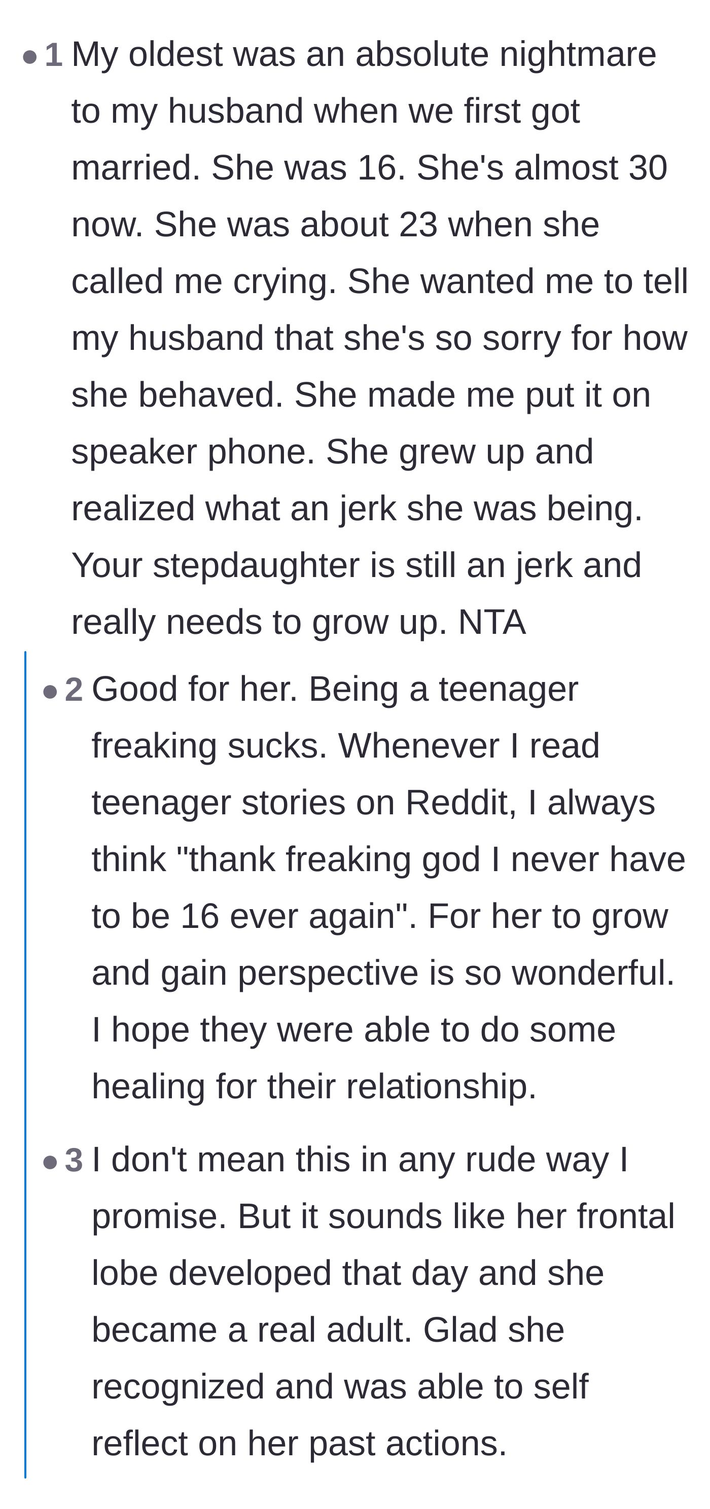 Comment thread 2 - A stepmother sharing a success story of her estranged stepdaughter finally apologizing in her twenties