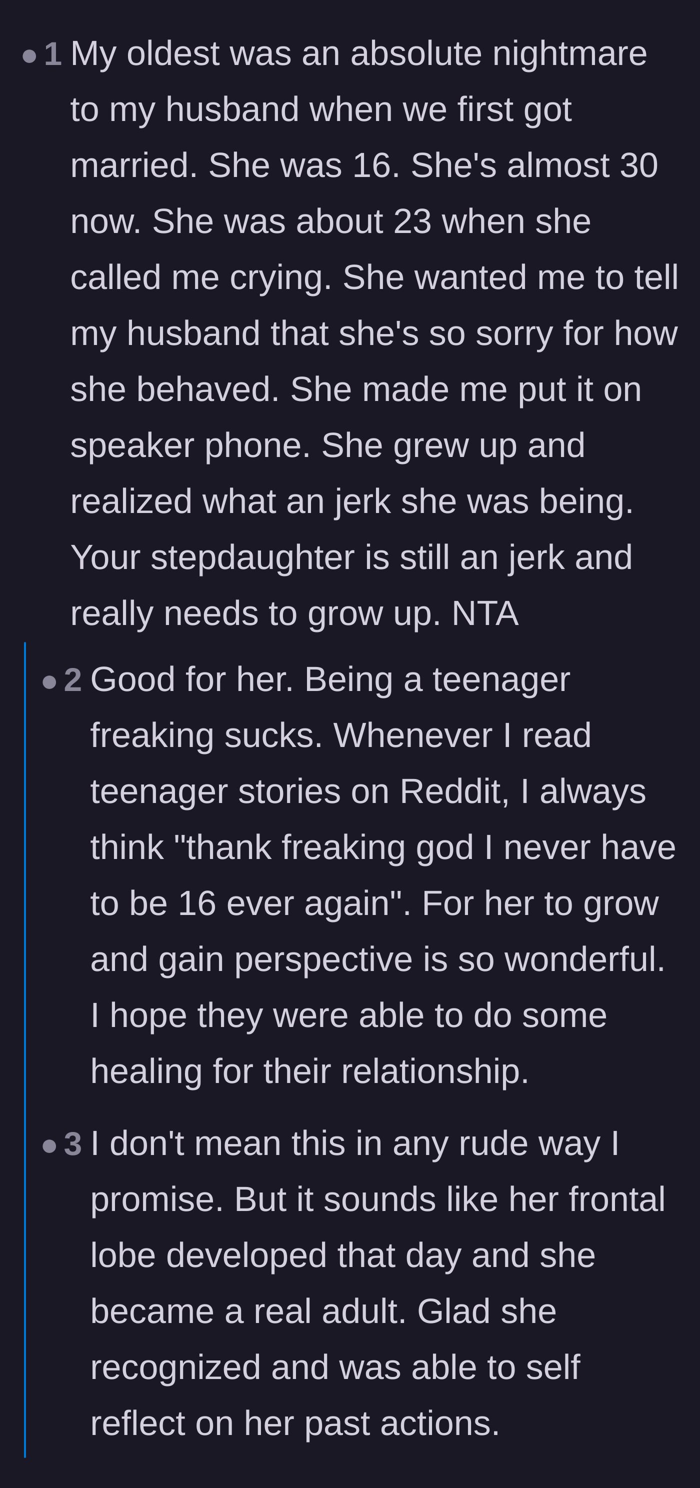 Comment thread 2 - A stepmother sharing a success story of her estranged stepdaughter finally apologizing in her twenties