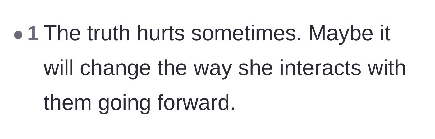 Comment thread 6 - A straightforward take noting that the pain of hearing the truth might be the catalyst for the stepdaughter's growth