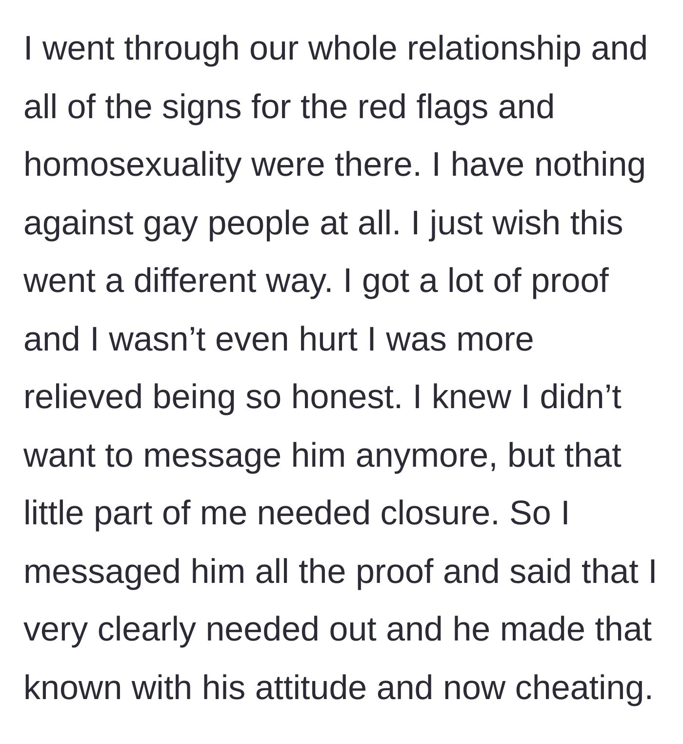 Story part 10 - Feeling an overwhelming sense of relief, she sends him all the proof of his cheating to get final closure.