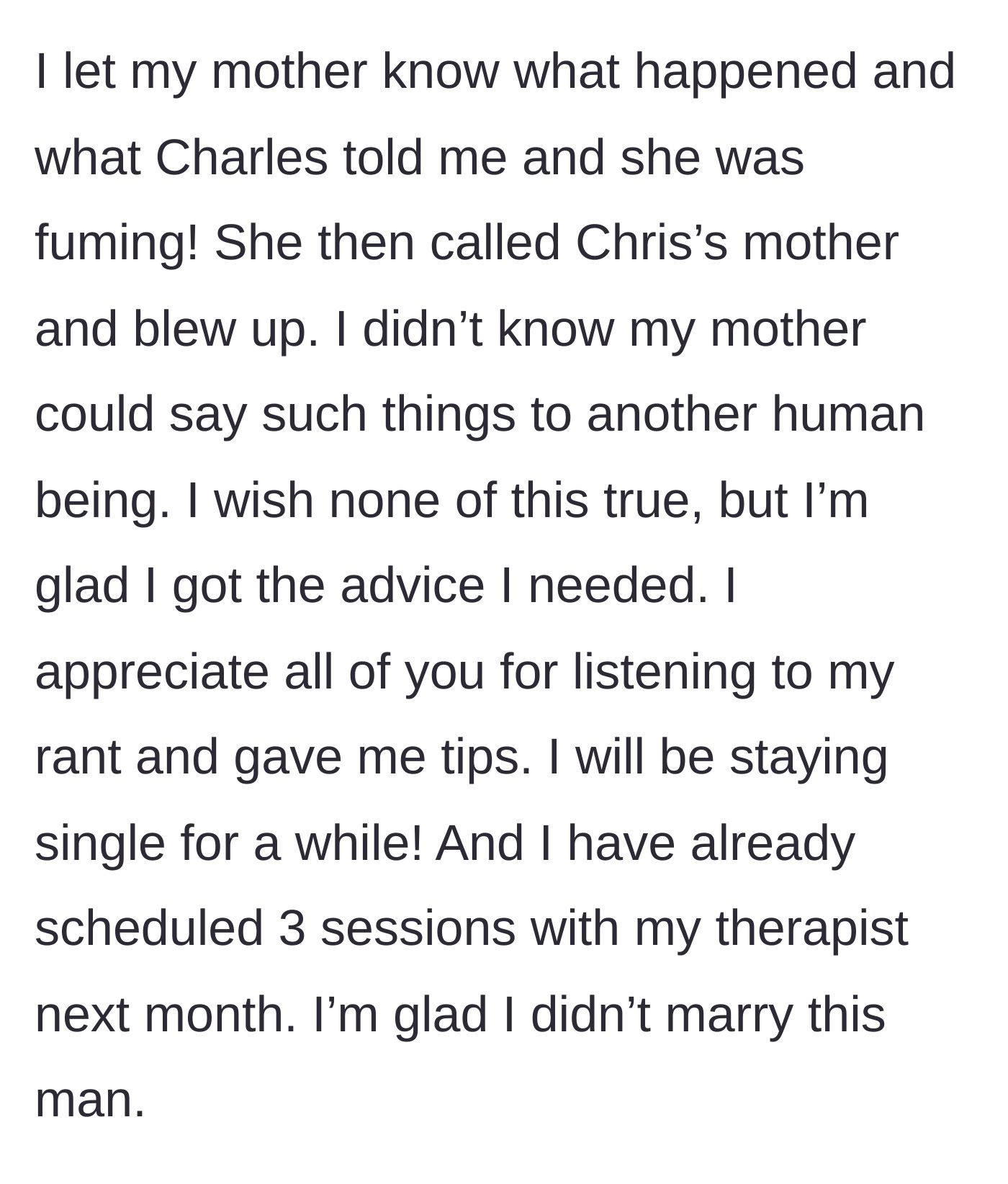 Story part 14 - Her mother berates the ex-mother-in-law, and the bride happily schedules therapy sessions for herself.