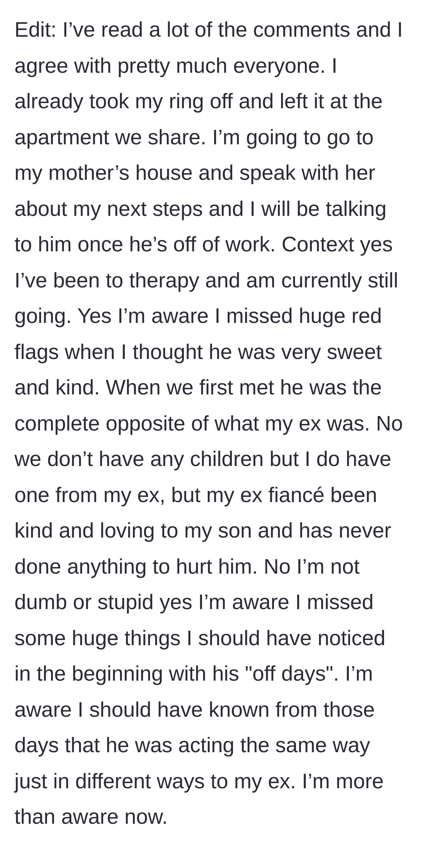 Story part 15 - She answers commenter questions, confirming she left the ring behind and is focusing on protecting her young son.
