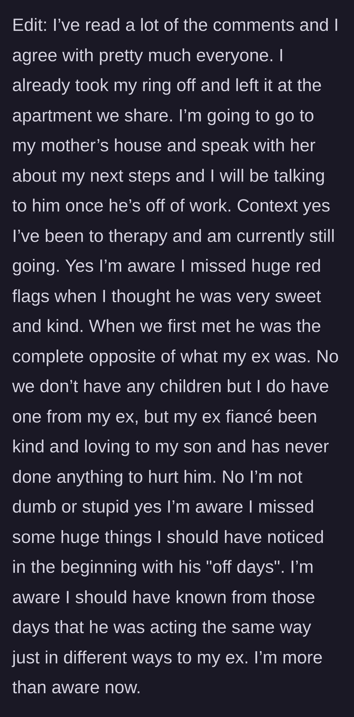 Story part 15 - She answers commenter questions, confirming she left the ring behind and is focusing on protecting her young son.