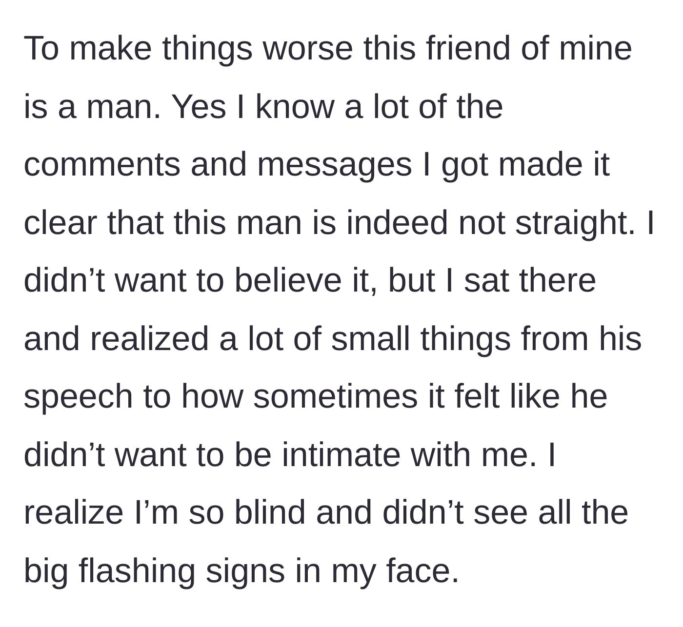 Story part 9 - She realizes her fiancé's affair partner is a male friend and finally connects the dots about his intimacy issues.
