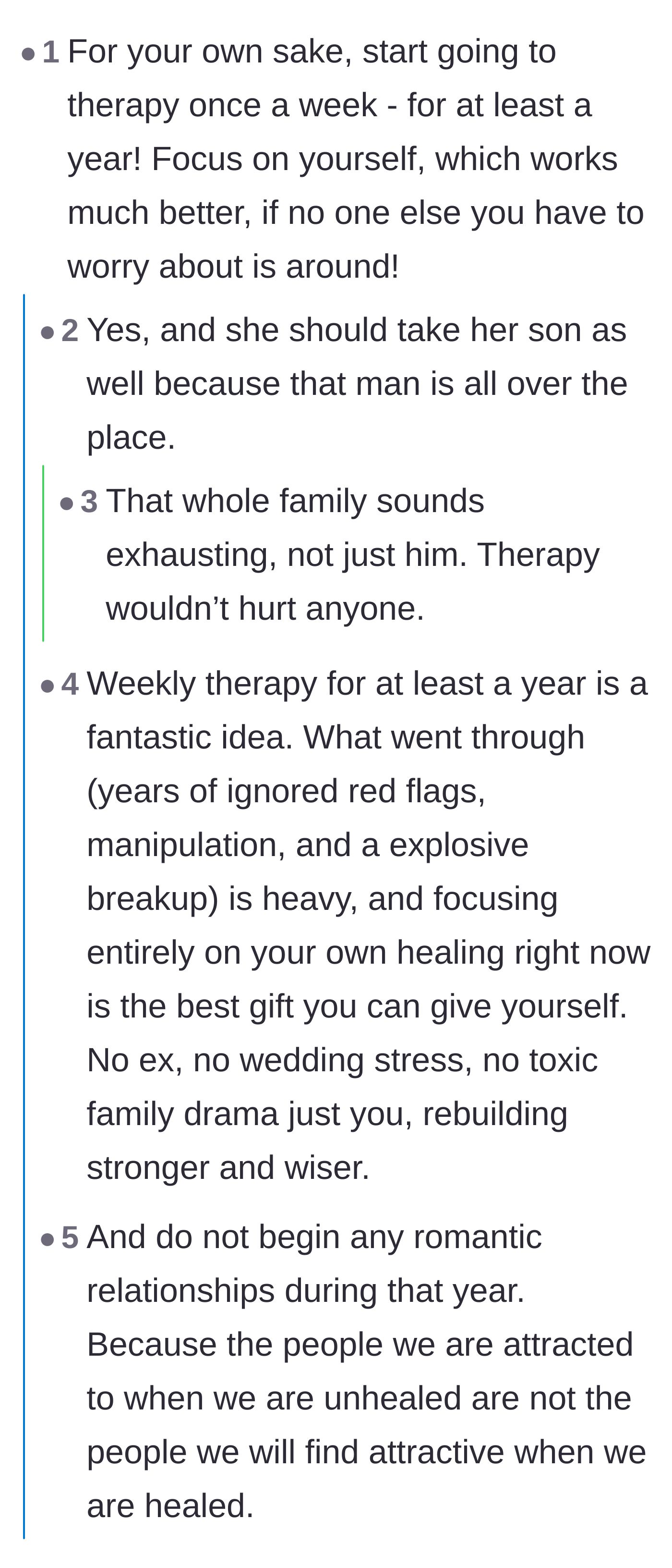 Comment thread 1 - Readers strongly urge the bride to commit to long-term therapy and avoid dating while she heals.