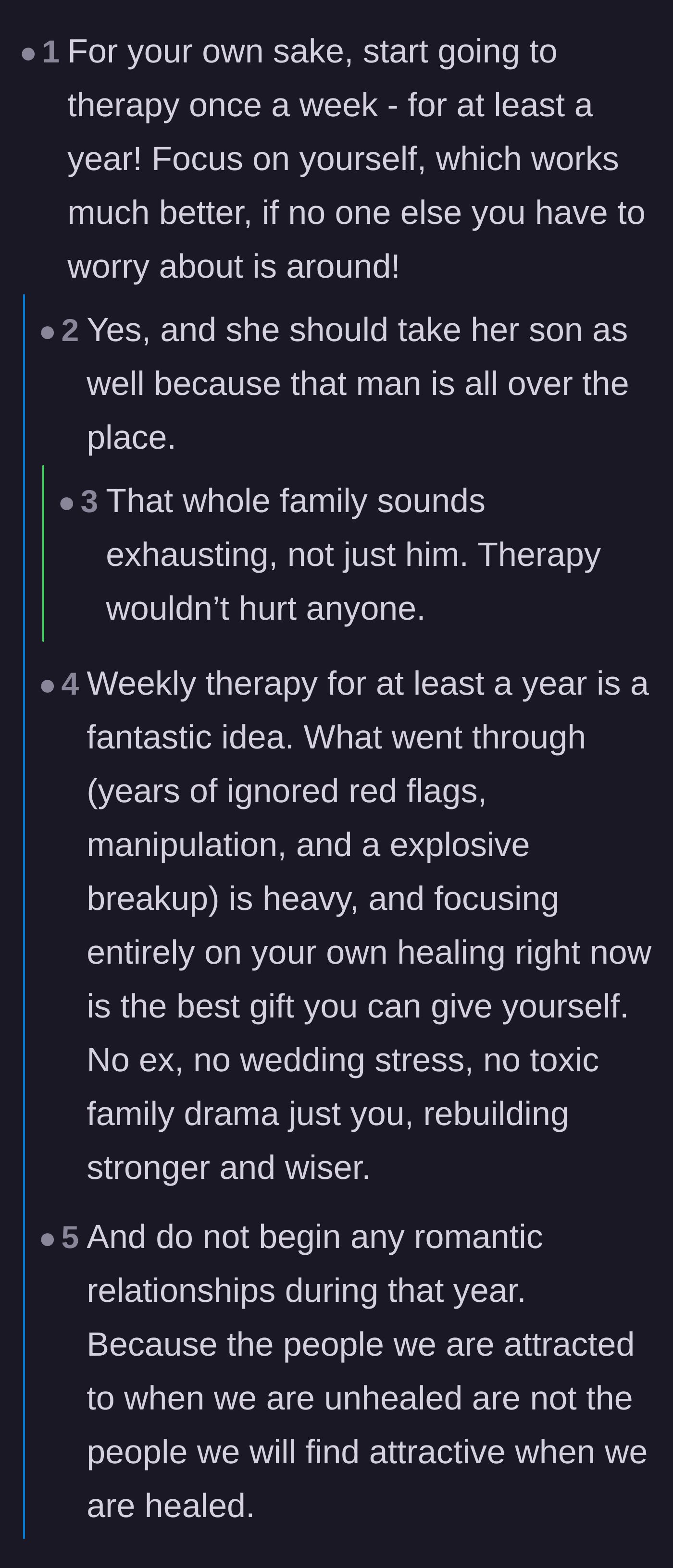 Comment thread 1 - Readers strongly urge the bride to commit to long-term therapy and avoid dating while she heals.