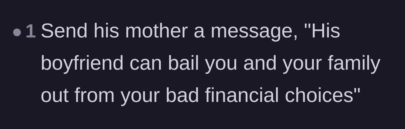 Comment thread 3 - A deeply petty but satisfying suggestion for what to text the ex-mother-in-law about her financial woes.
