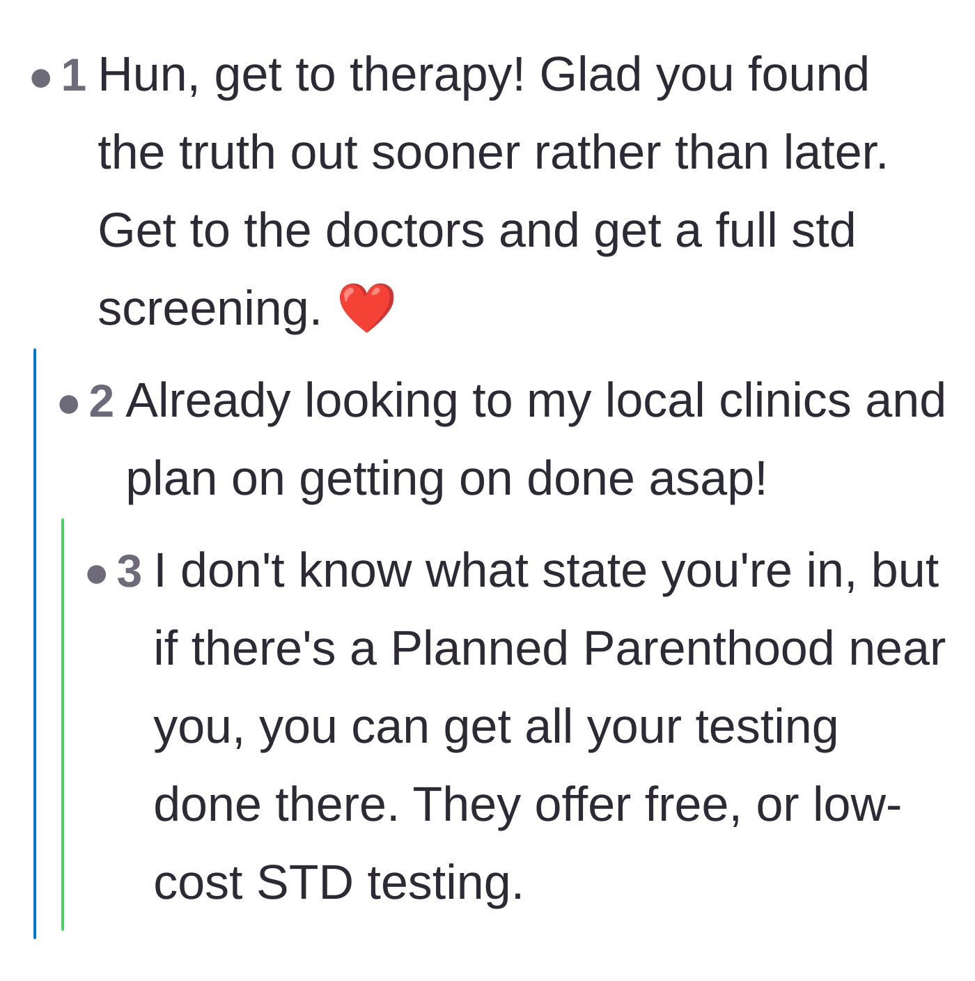 Comment thread 5 - Urgent advice for the bride to get a full health screening after uncovering her ex's secret double life.