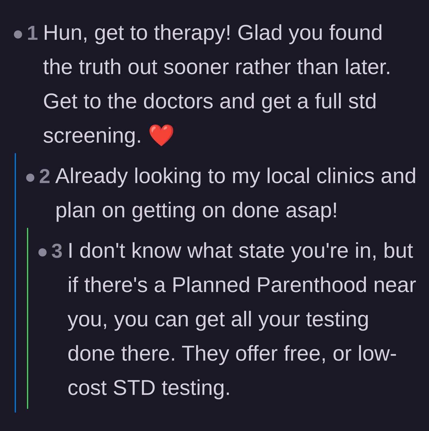 Comment thread 5 - Urgent advice for the bride to get a full health screening after uncovering her ex's secret double life.